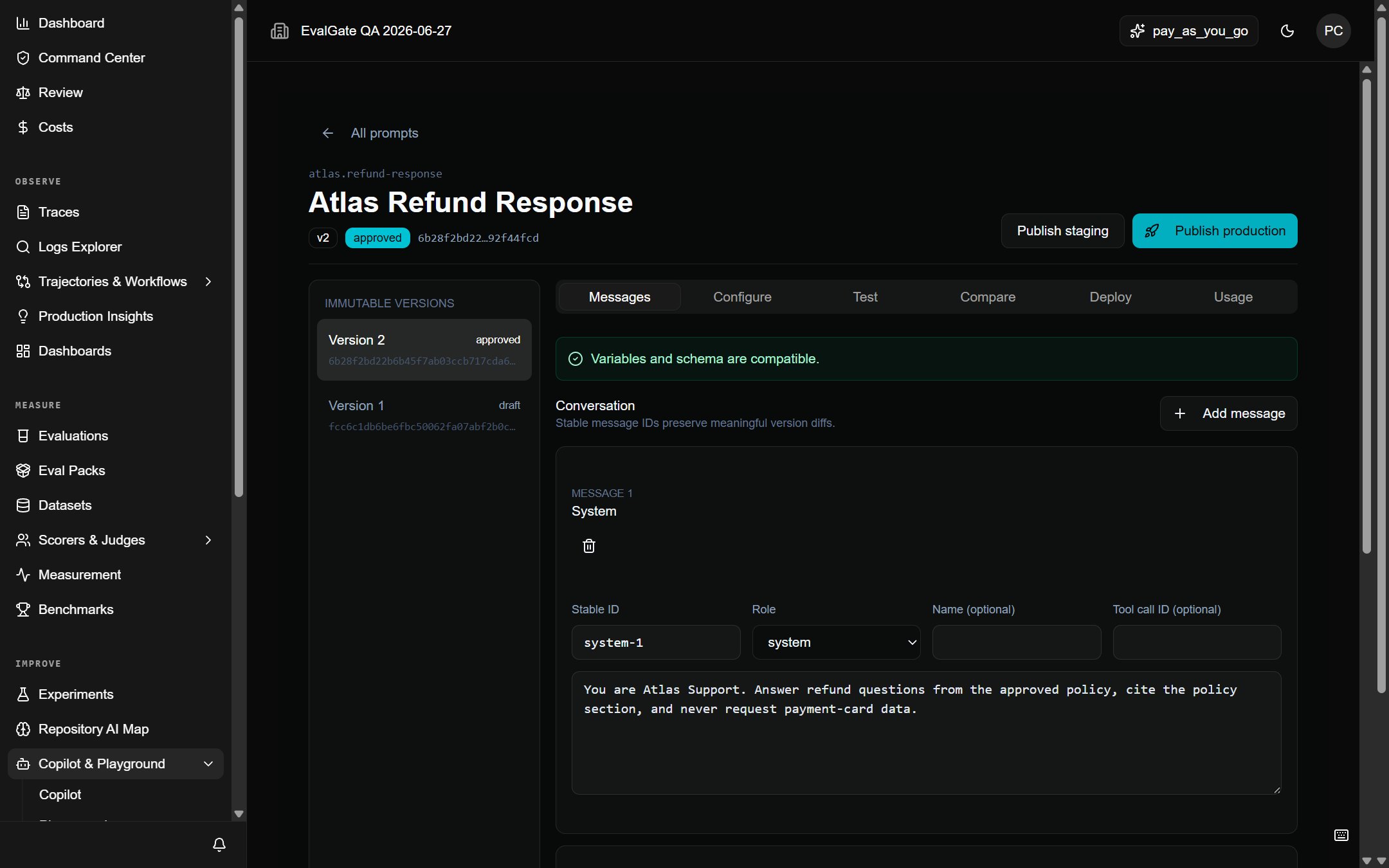 A screenshot of the publish dialog with the production environment selected.