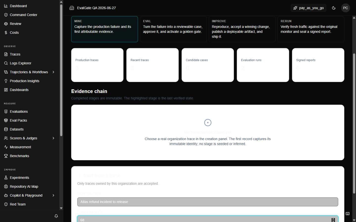 A screenshot of the eval-loop start dialog with a trace ID entered.