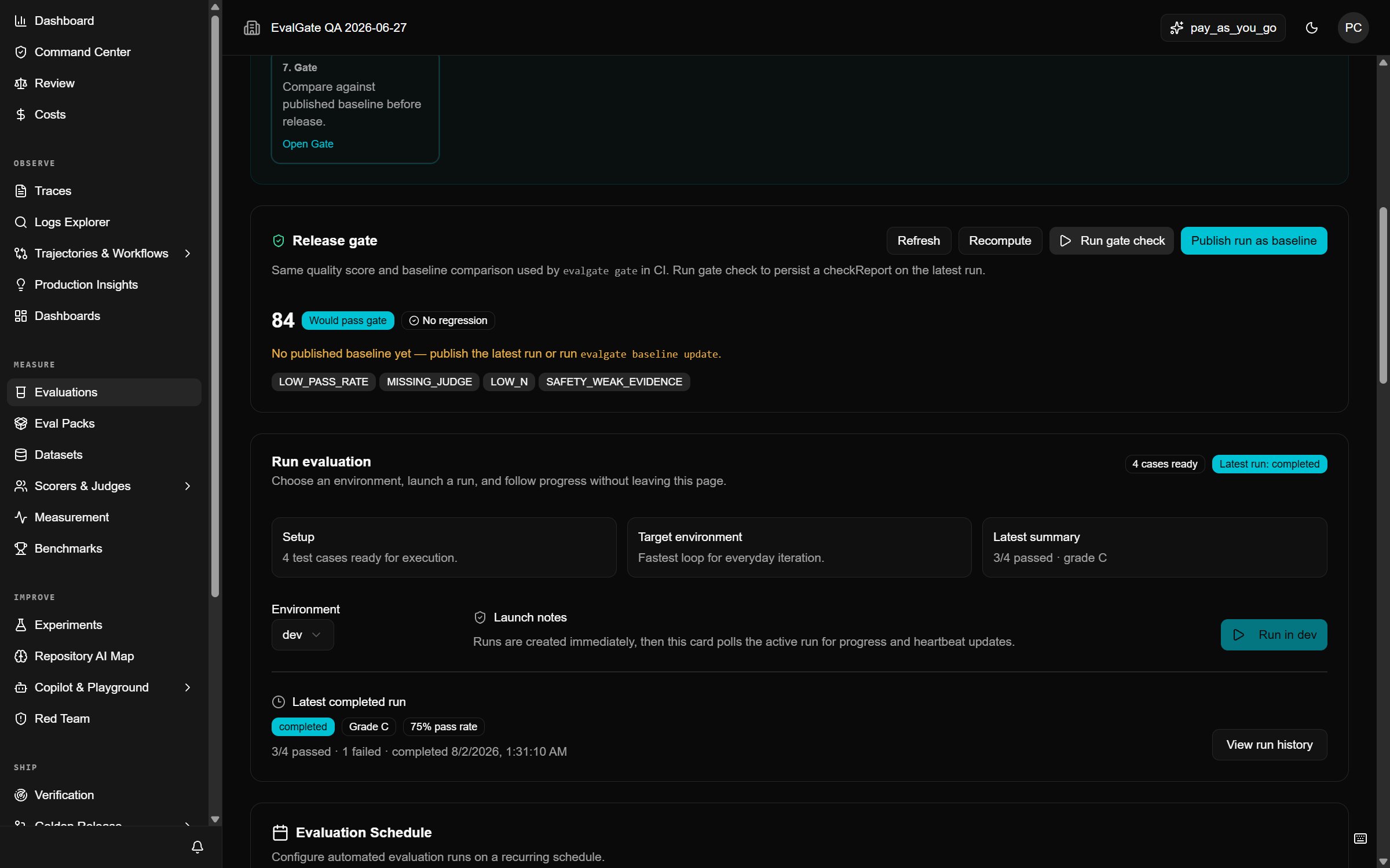 A screenshot of the run page showing a mix of passing and failing rows.