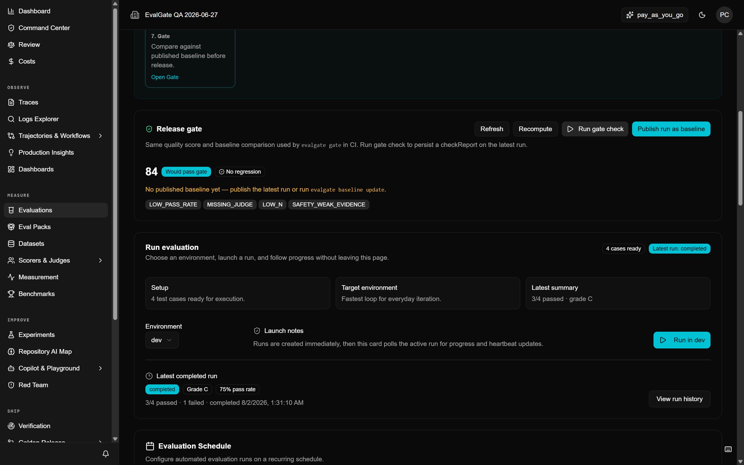 A screenshot of the evaluation page with the Run button highlighted.