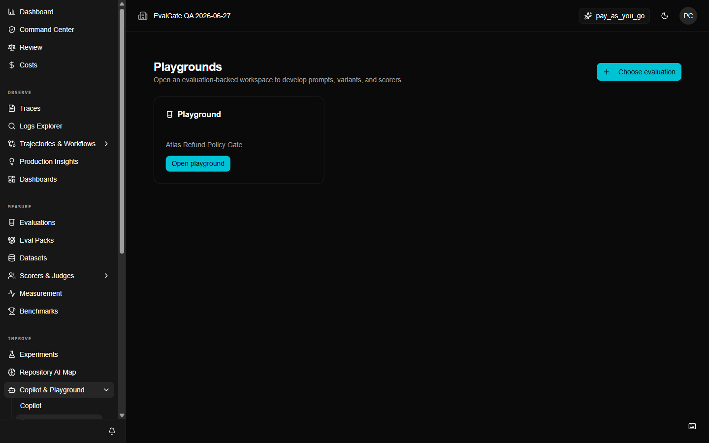 A screenshot of the Playgrounds list with one evaluation selected.