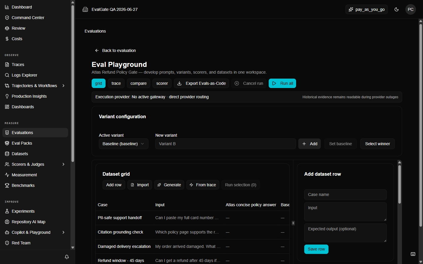 A screenshot of the Playground with a baseline and one candidate variant.