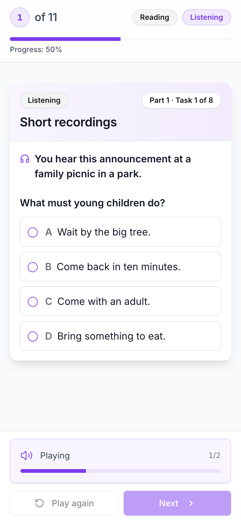 A listening question on a phone with four options and a player pinned to the bottom showing Playing, 1 of 2, with Play again and Next buttons