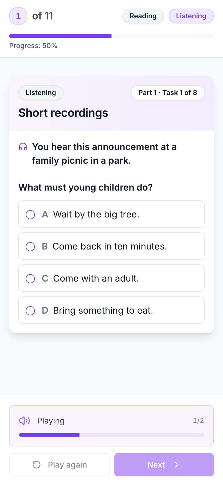 A listening question on a phone with four options and a player pinned to the bottom showing Playing, 1 of 2, with Play again and Next buttons