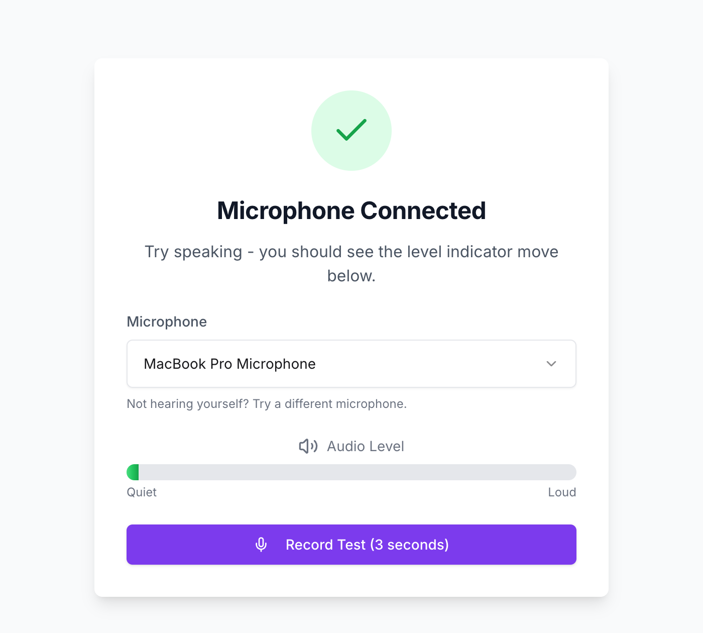 The microphone test screen showing Microphone Connected, a microphone picker, an audio level bar and a Record Test button