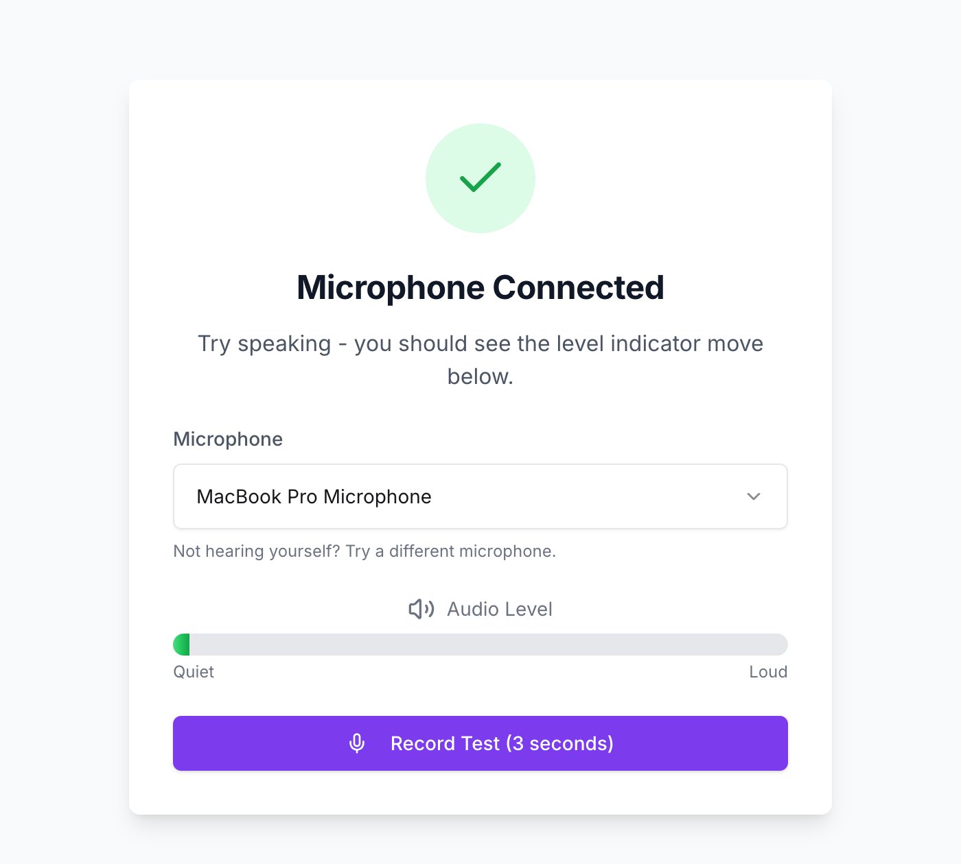 The microphone test screen showing Microphone Connected, a microphone picker, an audio level bar and a Record Test button