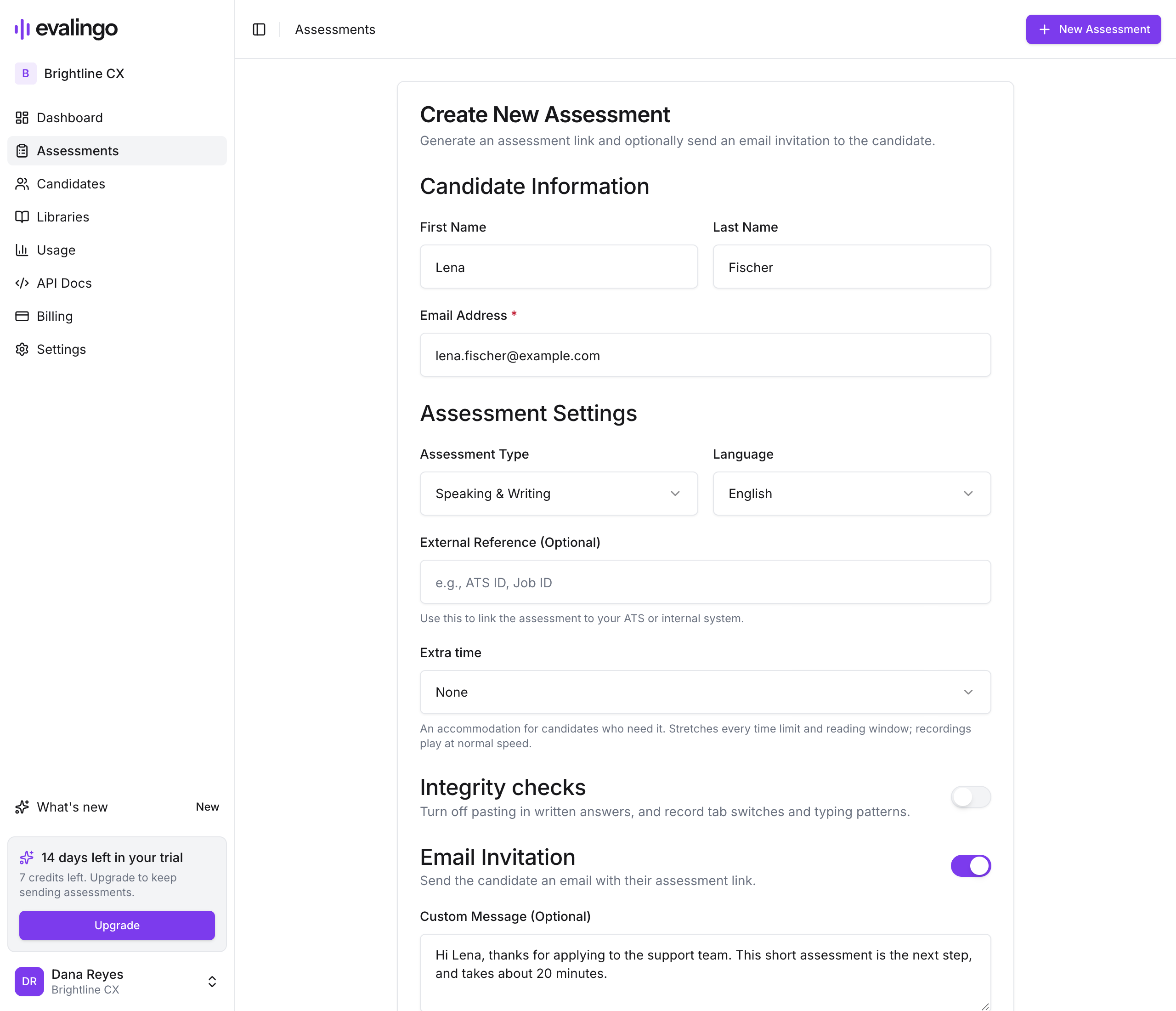 The New Assessment form, with candidate details, assessment type, language, extra time, integrity checks and the invitation email
