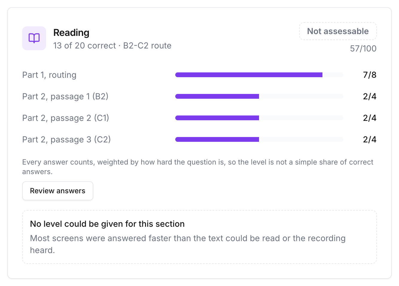 A Reading result marked Not assessable, with part-by-part scores and the note: most screens were answered faster than the text could be read or the recording heard
