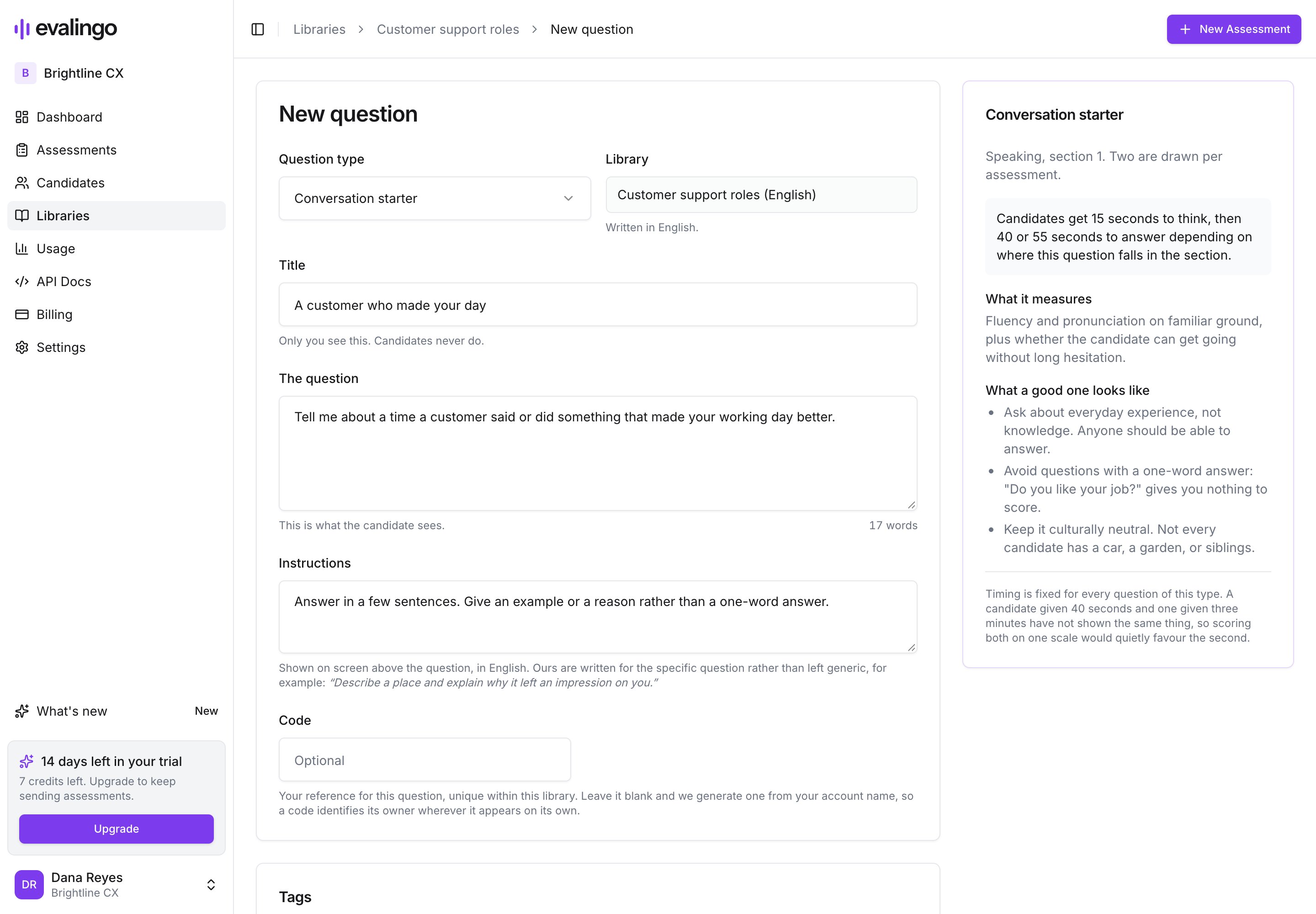 The new question editor with a conversation starter being written, and a guidance panel describing timing, what it measures and what a good one looks like