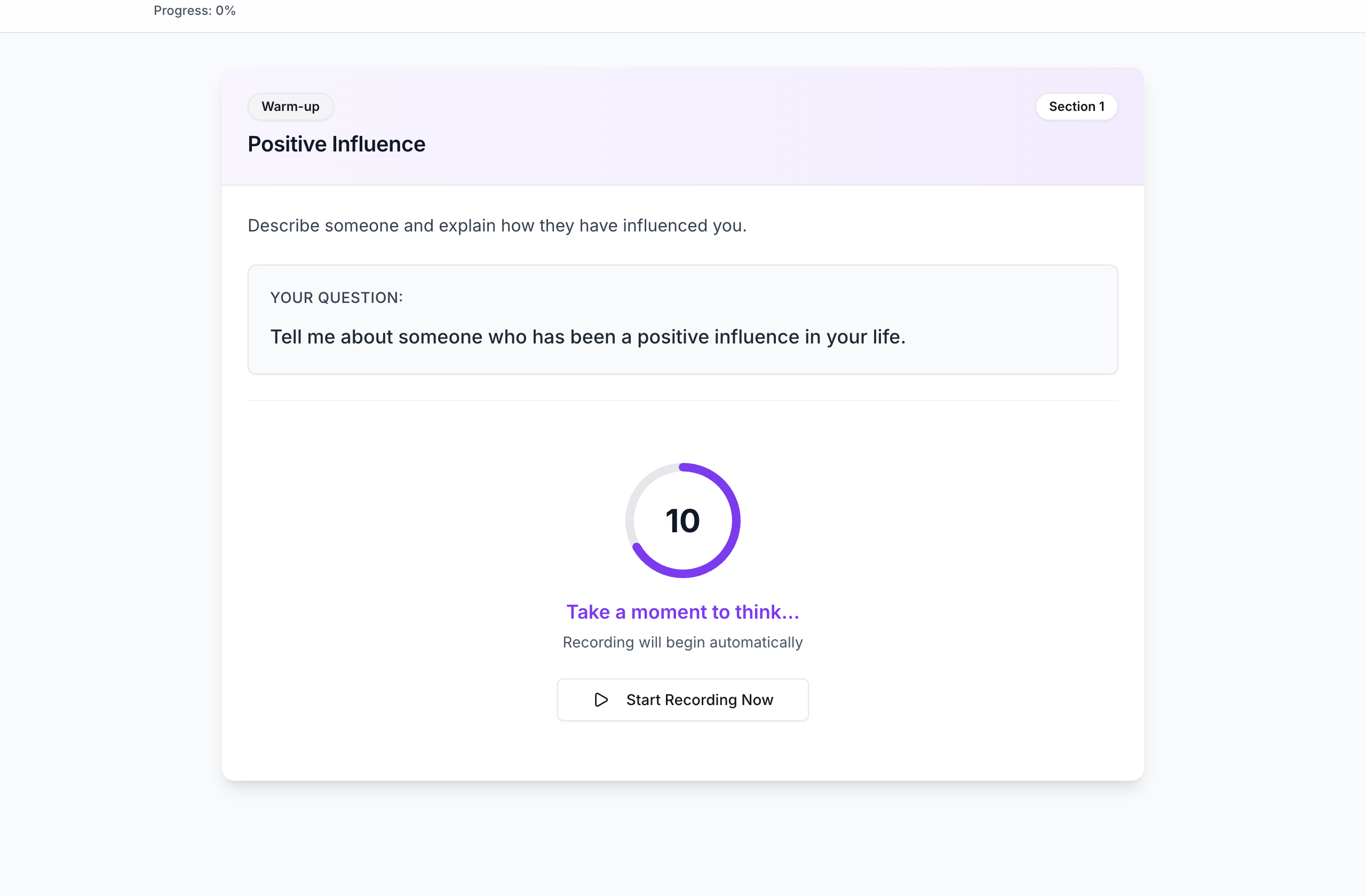 A speaking question showing the task, a 15-second thinking countdown and a Start Recording Now button