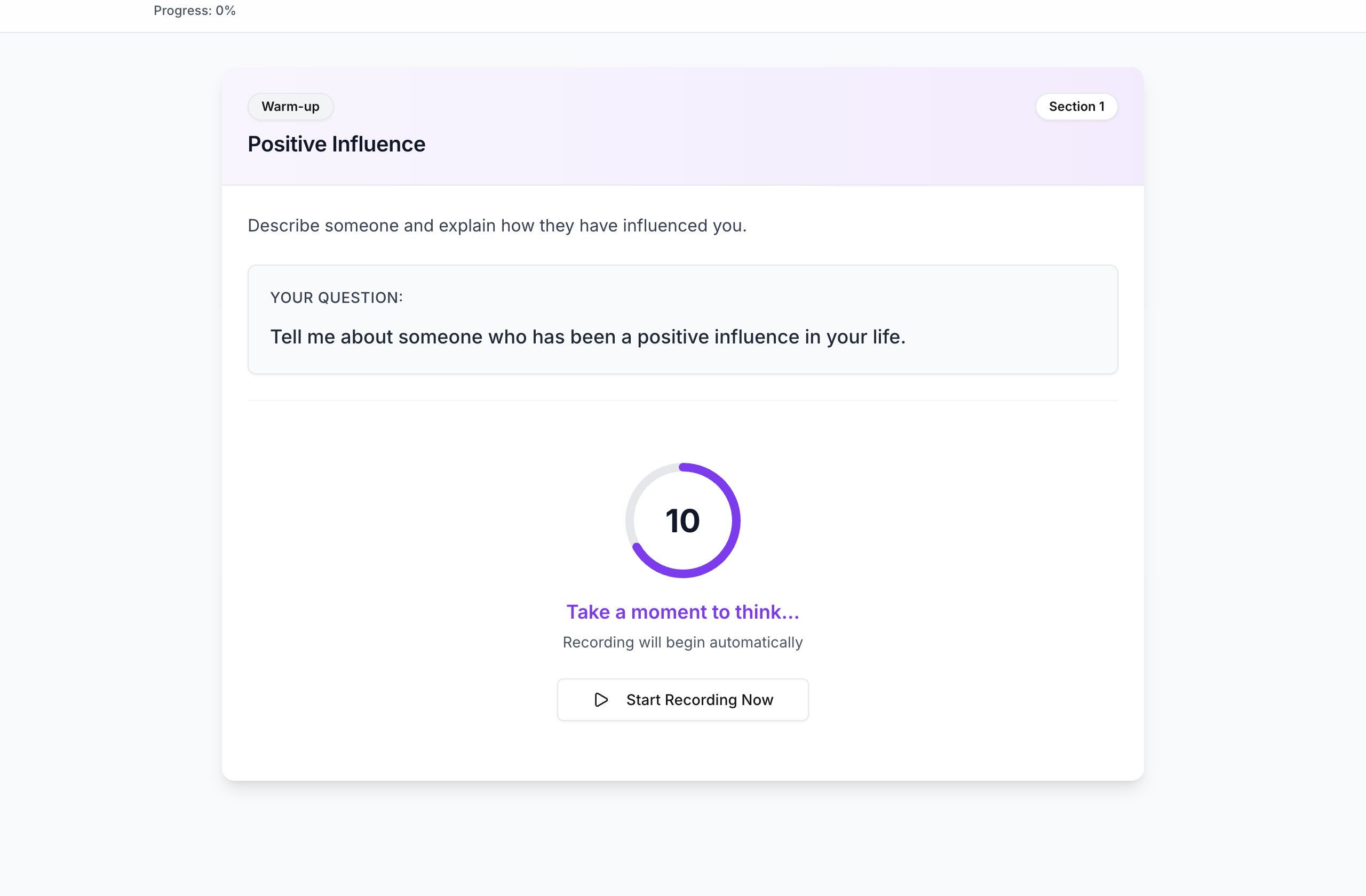 A speaking question showing the task, a 15-second thinking countdown and a Start Recording Now button
