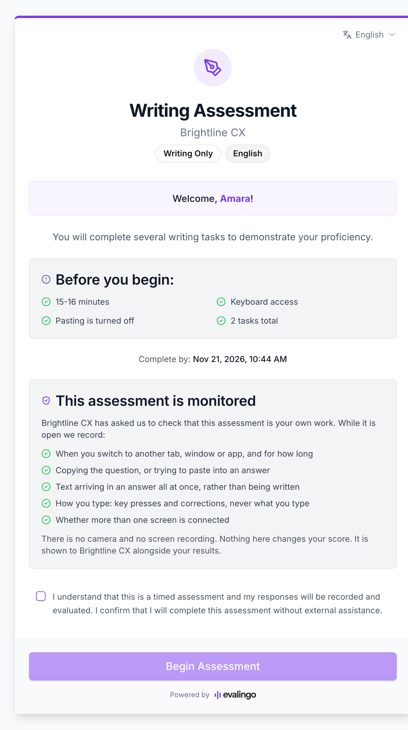 The welcome screen of a monitored writing assessment, with a section headed "This assessment is monitored" listing each signal that is recorded