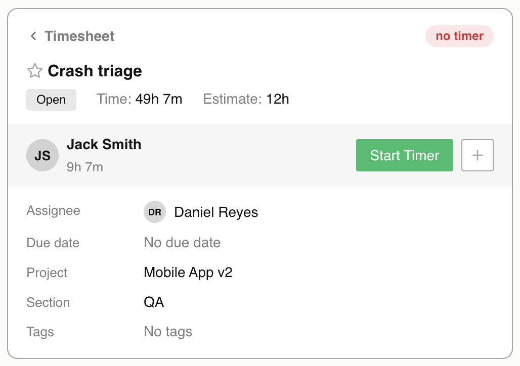 The Everhour task card in Claude: the task Crash triage with a star, an Open status, 49 hours 7 minutes tracked against a 12-hour estimate, a row for the signed-in user with a Start Timer button and a plus button, and fields for assignee, due date, project, section, and tags.