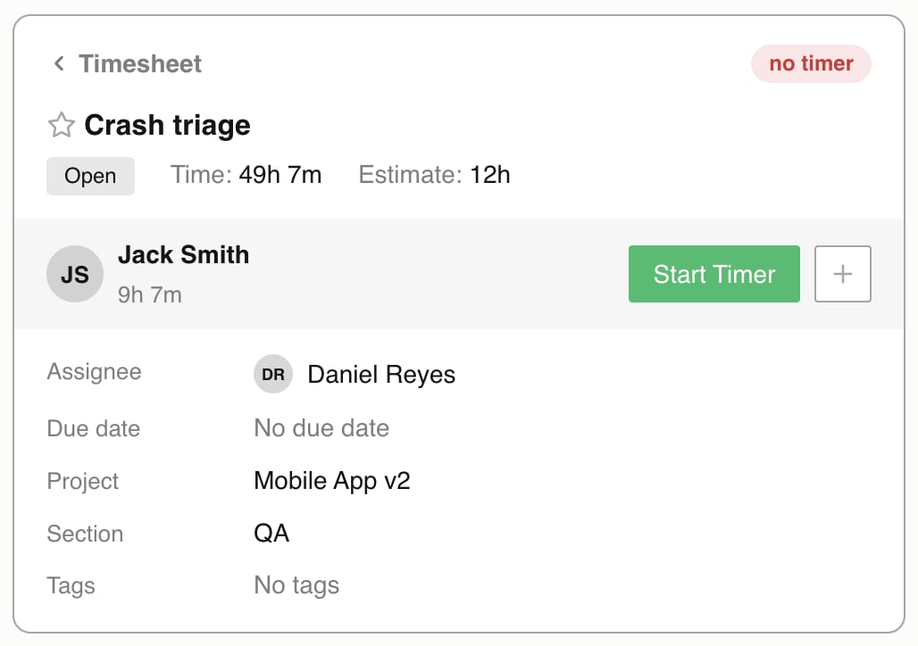 The Everhour task card in Claude: the task Crash triage with a star, an Open status, 49 hours 7 minutes tracked against a 12-hour estimate, a row for the signed-in user with a Start Timer button and a plus button, and fields for assignee, due date, project, section, and tags.