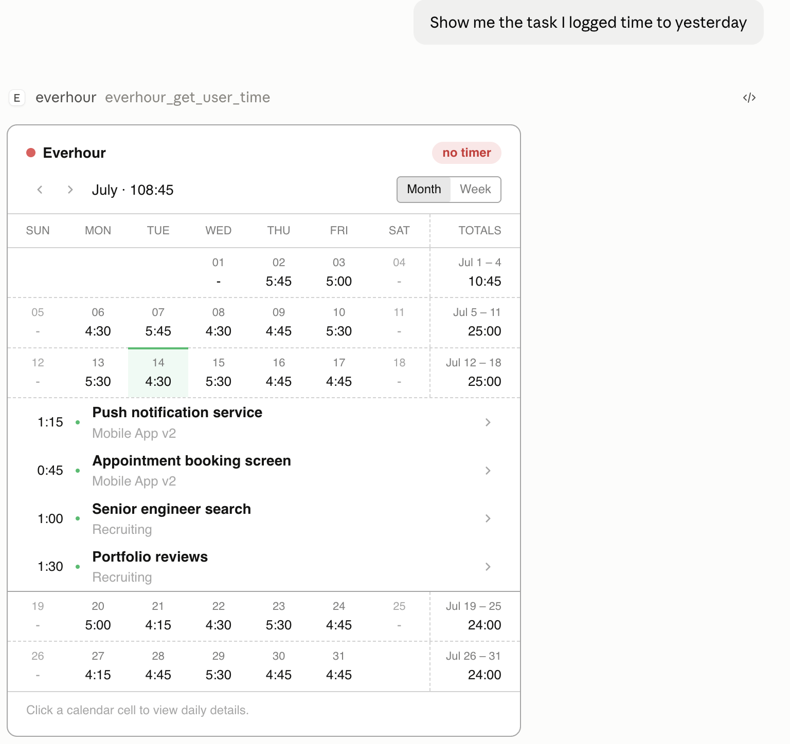 The Everhour timesheet card in Claude with July 14 selected in the month grid, expanded to list the four tasks tracked that day with their durations and projects.