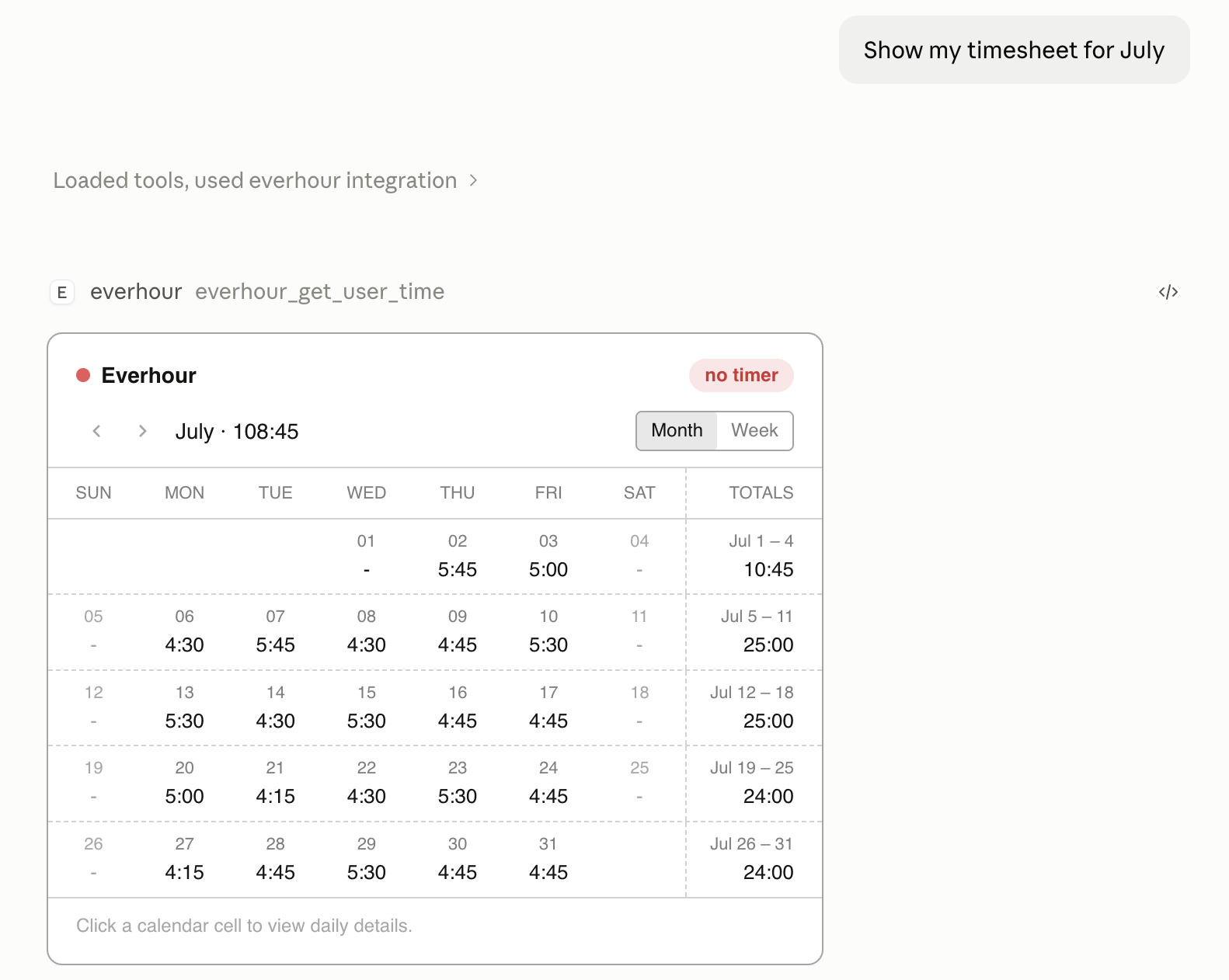 The Everhour timesheet card in Claude, month view: a July calendar grid with hours on each weekday, a totals column for each week, and a running header total of 108 hours 45 minutes.