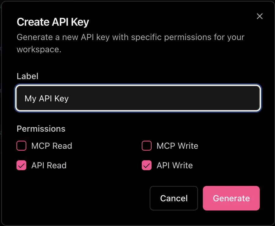 Create API Key dialog