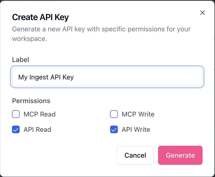 Create API Key dialog