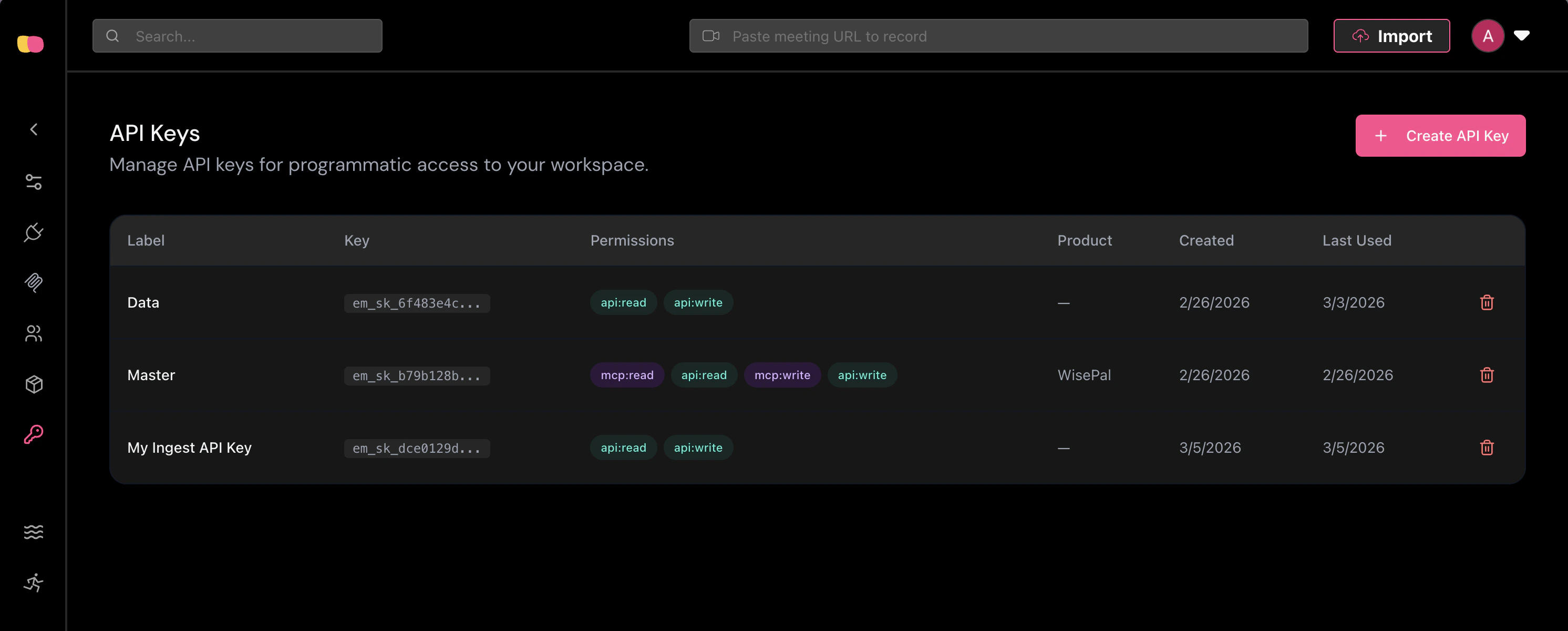API Keys list page