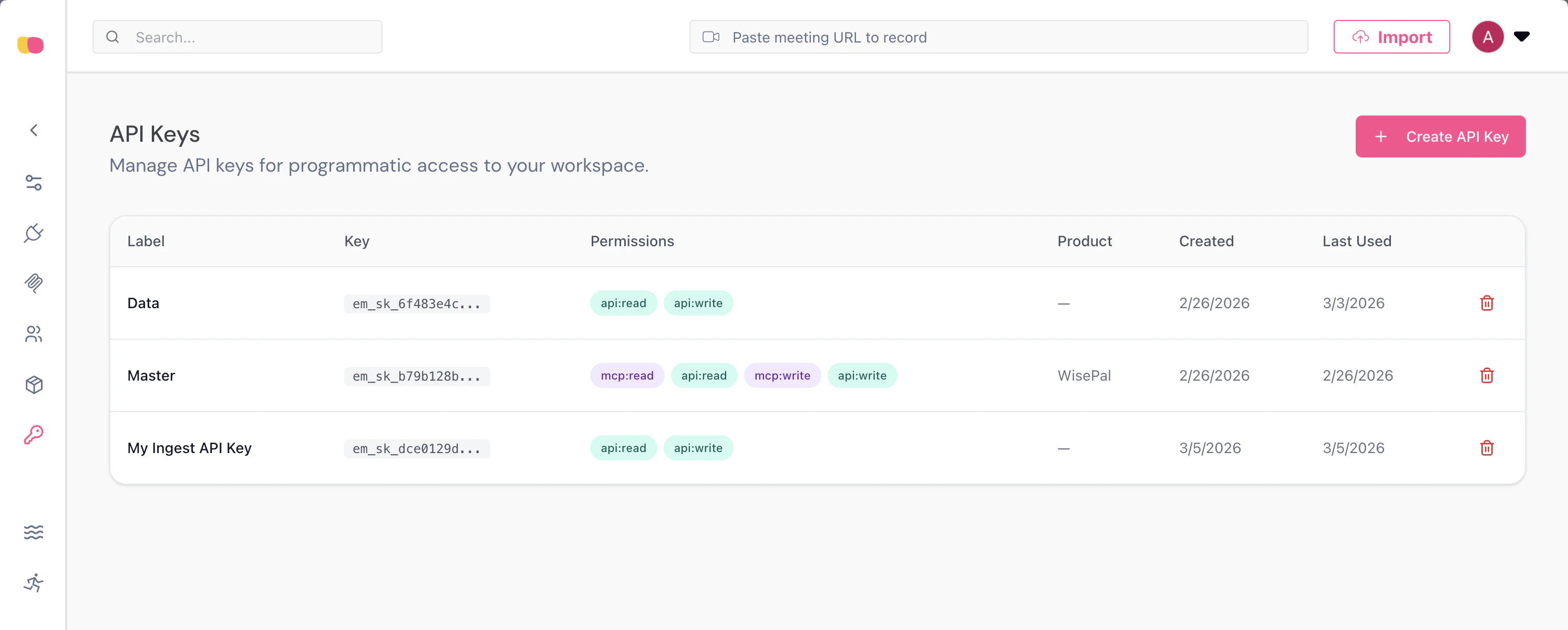 API Keys list page