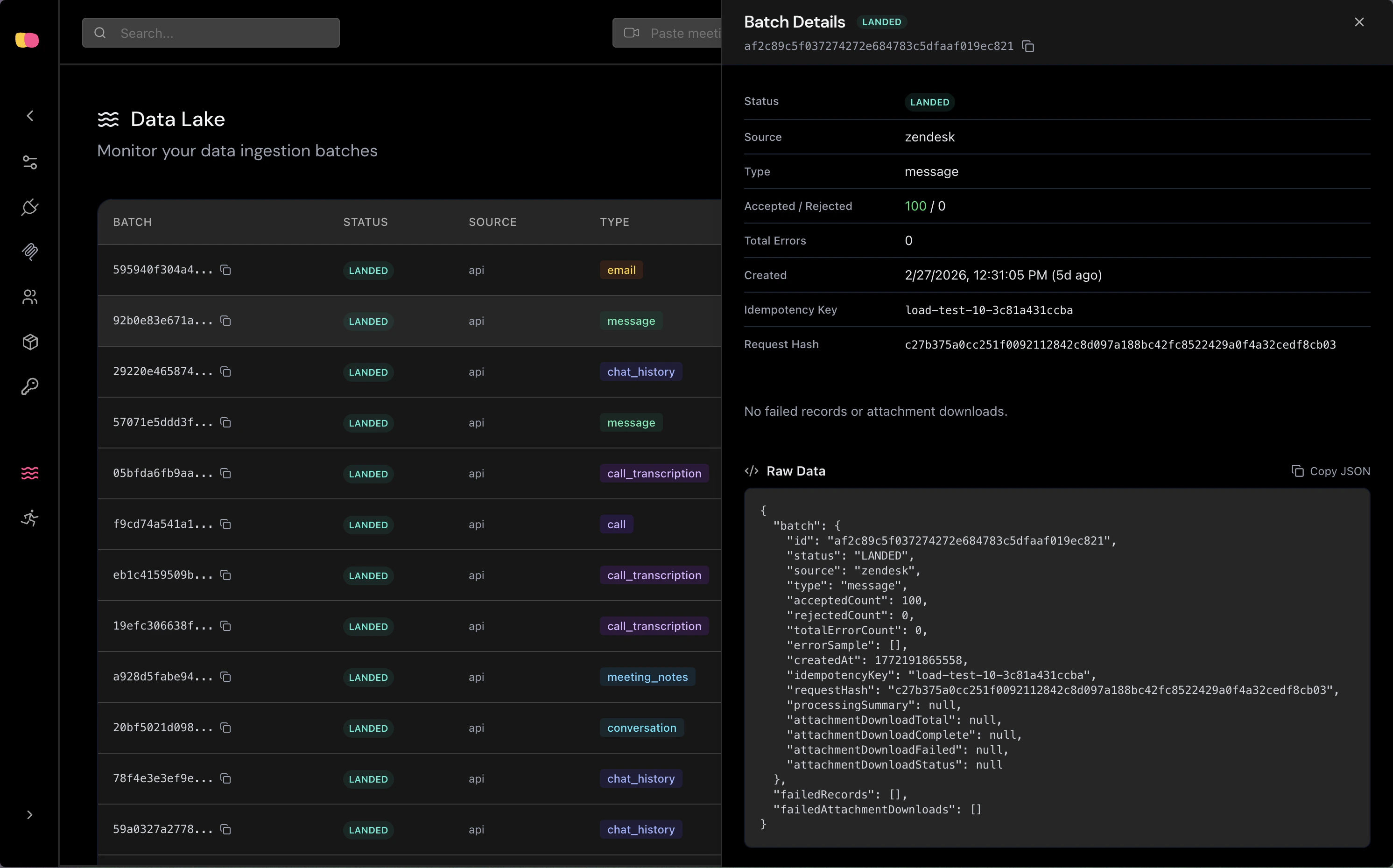 Batch details panel