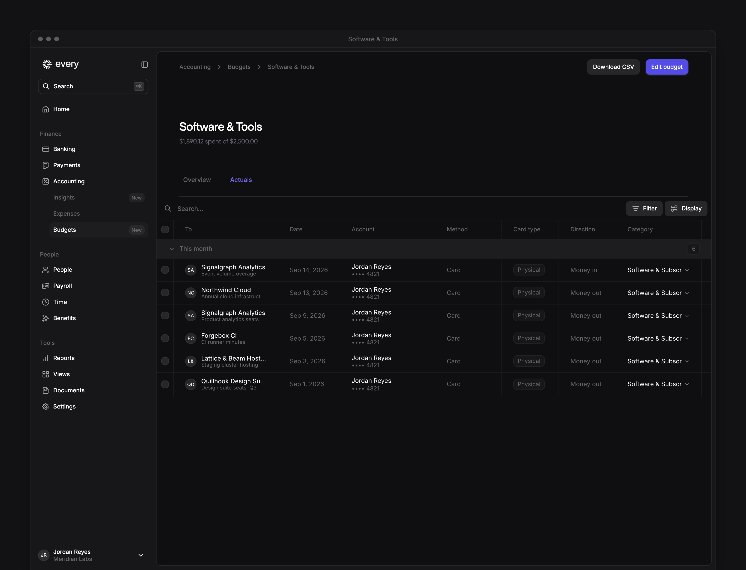 A budget's Actuals tab with tagged transactions, categories, filters and Download CSV.