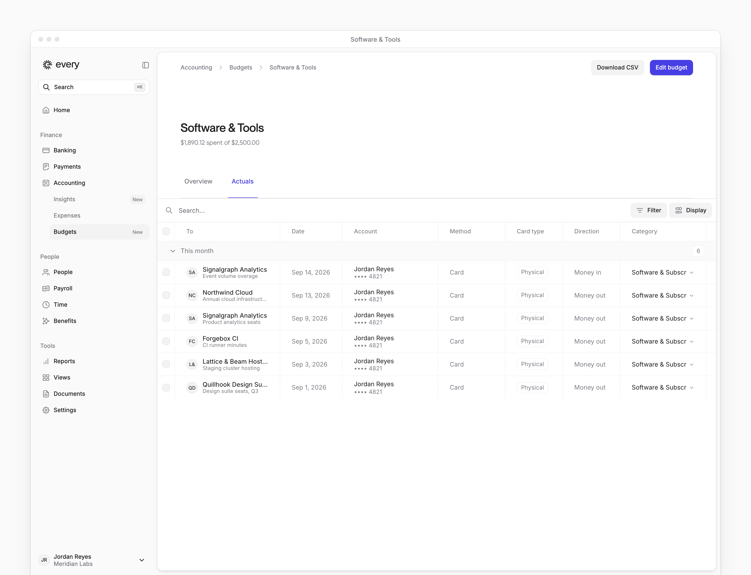 A budget's Actuals tab with tagged transactions, categories, filters and Download CSV.