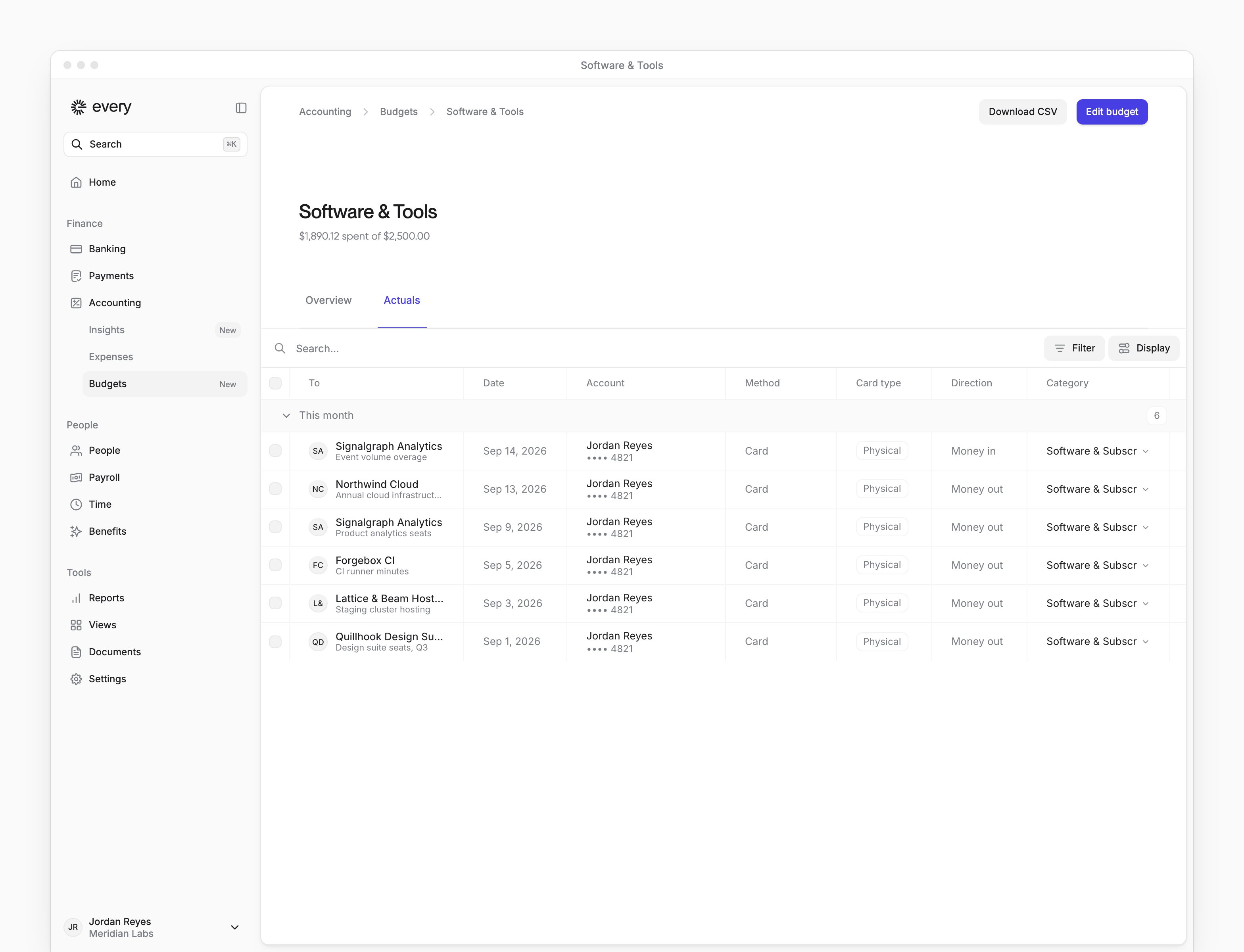 A budget's Actuals tab with tagged transactions, categories, filters and Download CSV.