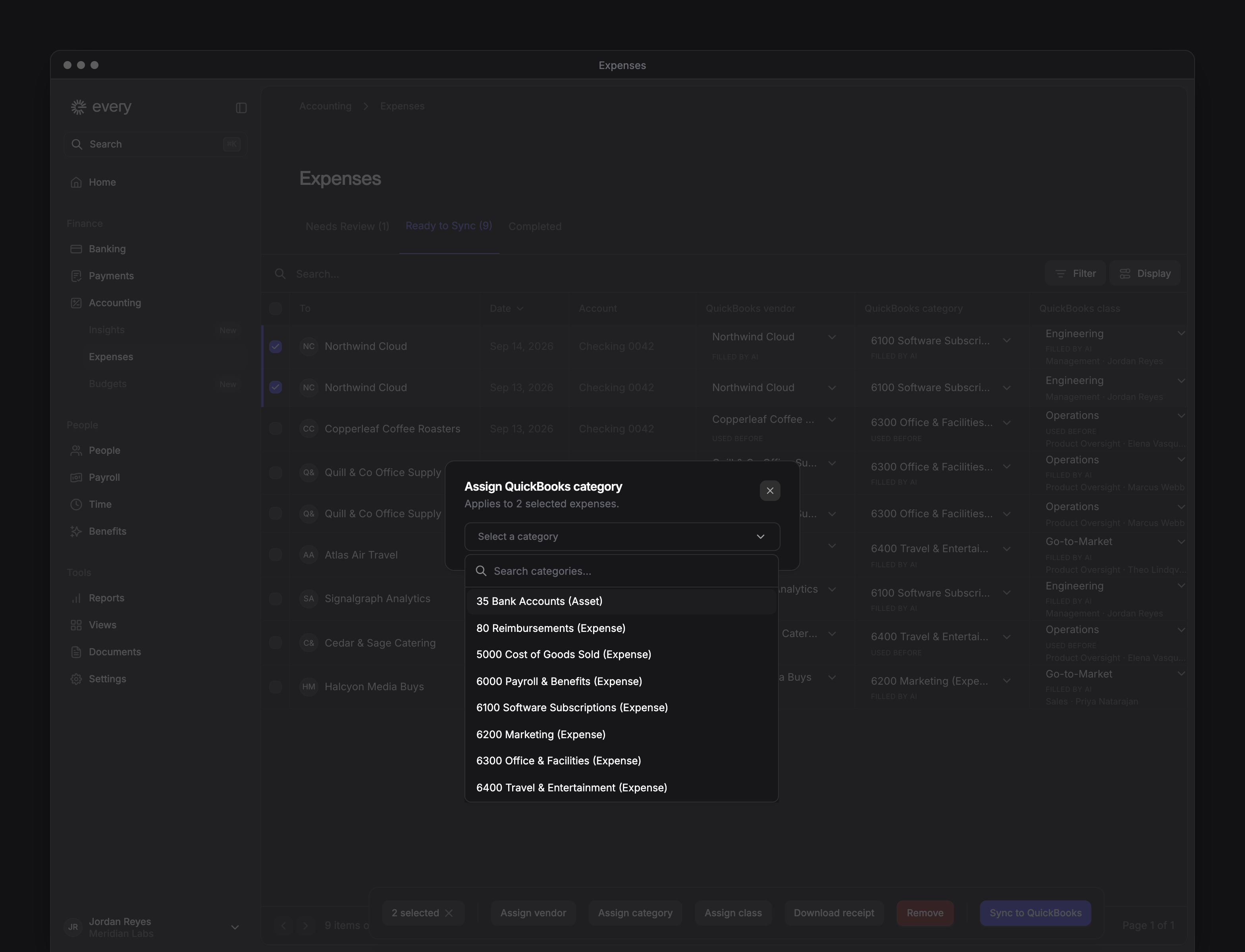 Selected expenses with the Assign category dialog and available bookkeeping categories.