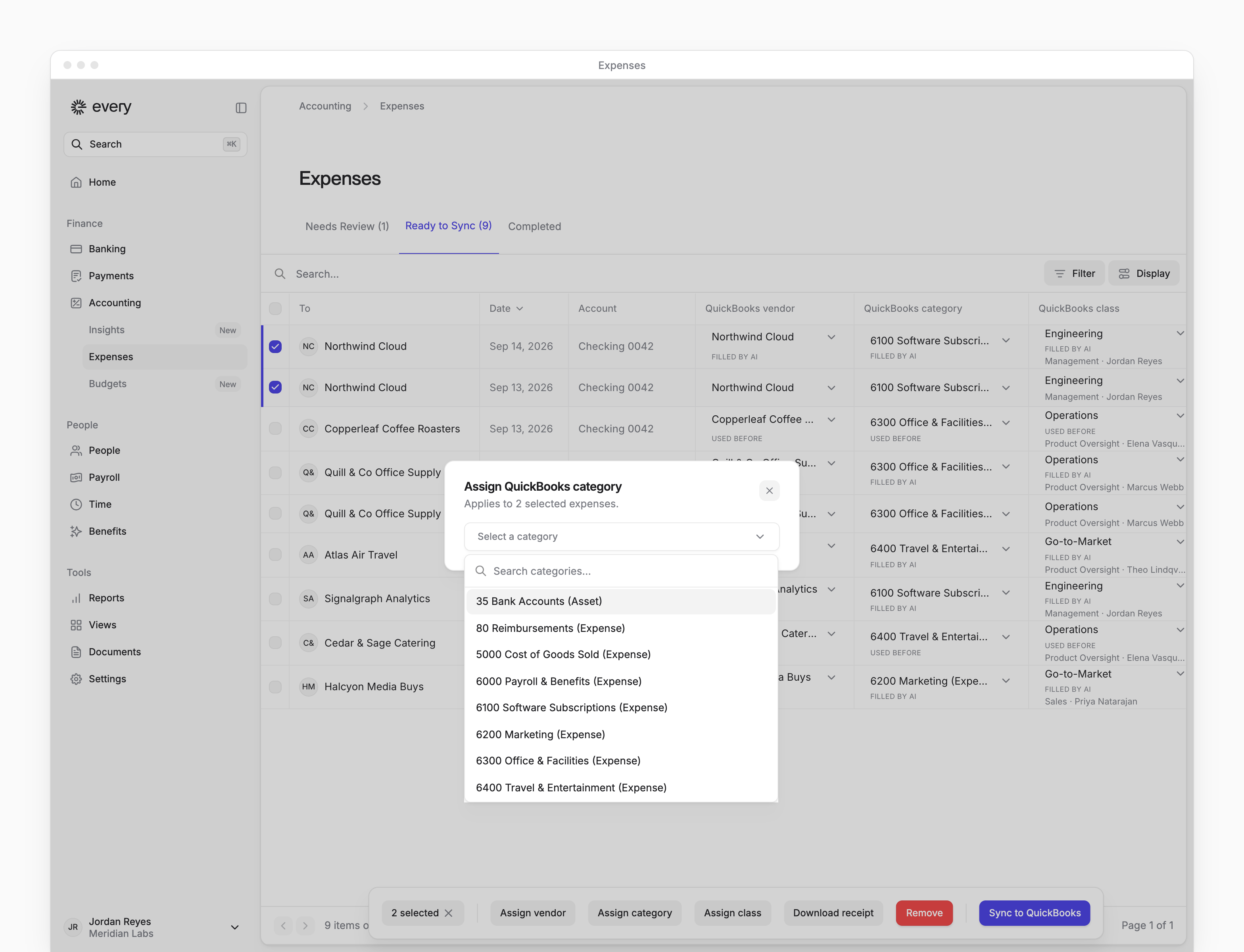 Selected expenses with the Assign category dialog and available bookkeeping categories.