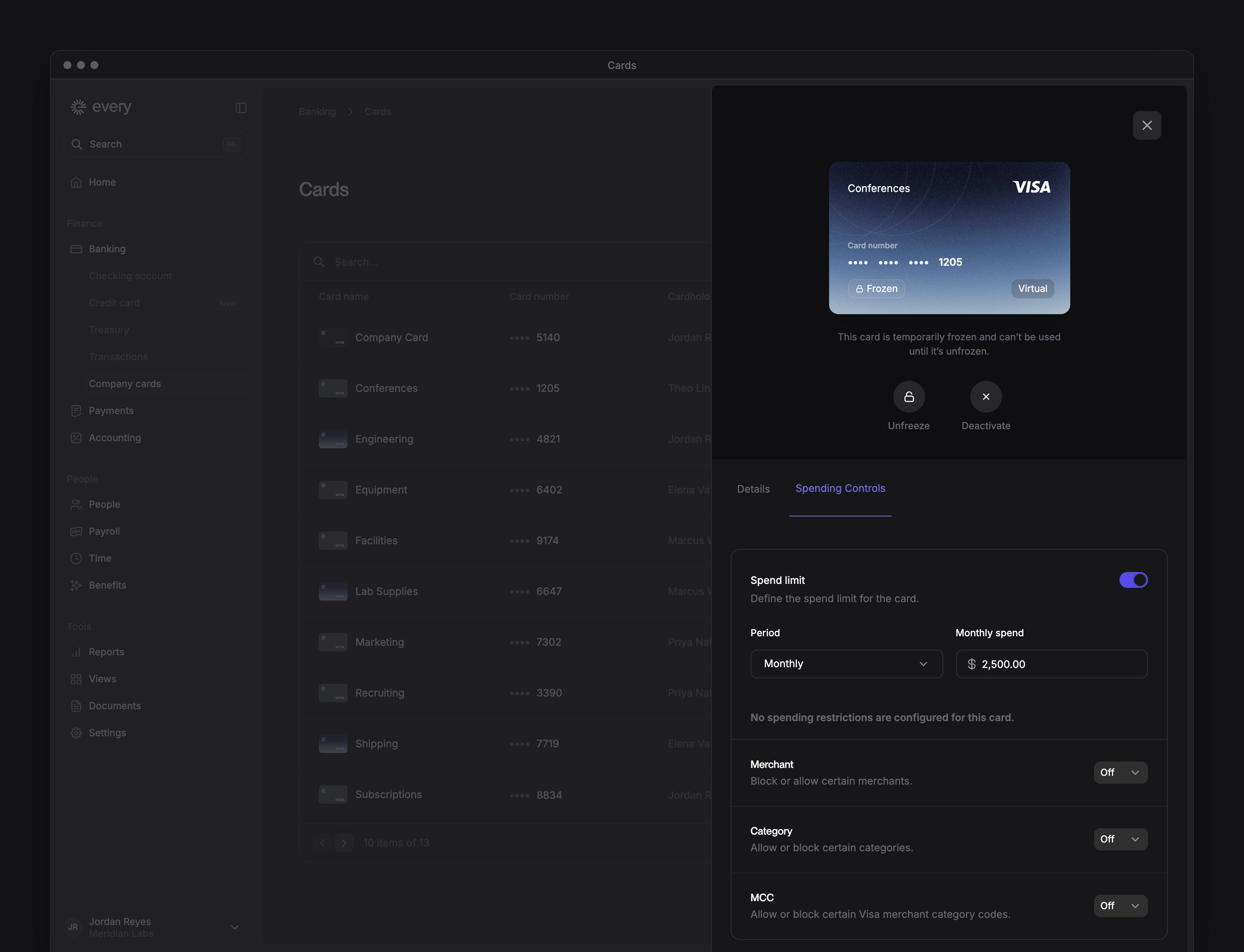 A card's Spending Controls tab with its spend limit and Merchant, Category and MCC rules.