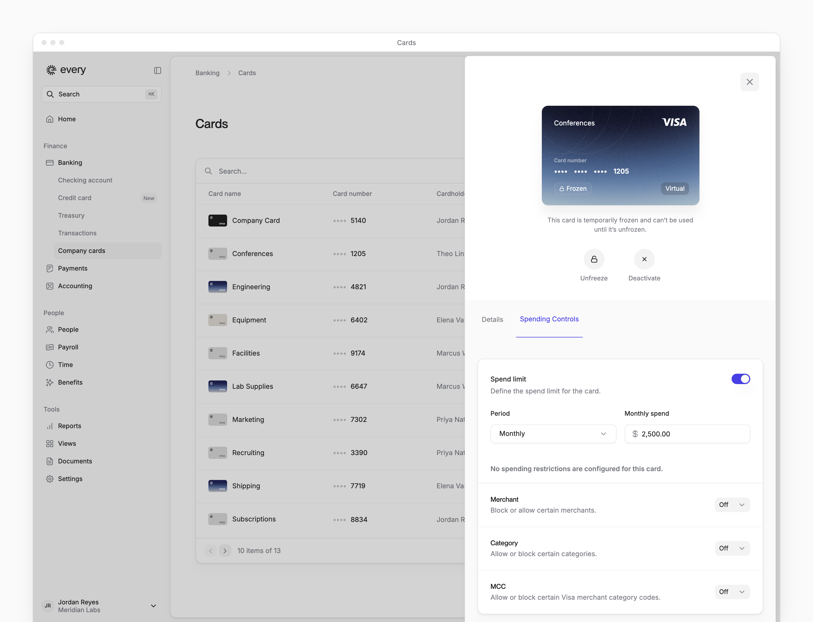 A card's Spending Controls tab with its spend limit and Merchant, Category and MCC rules.