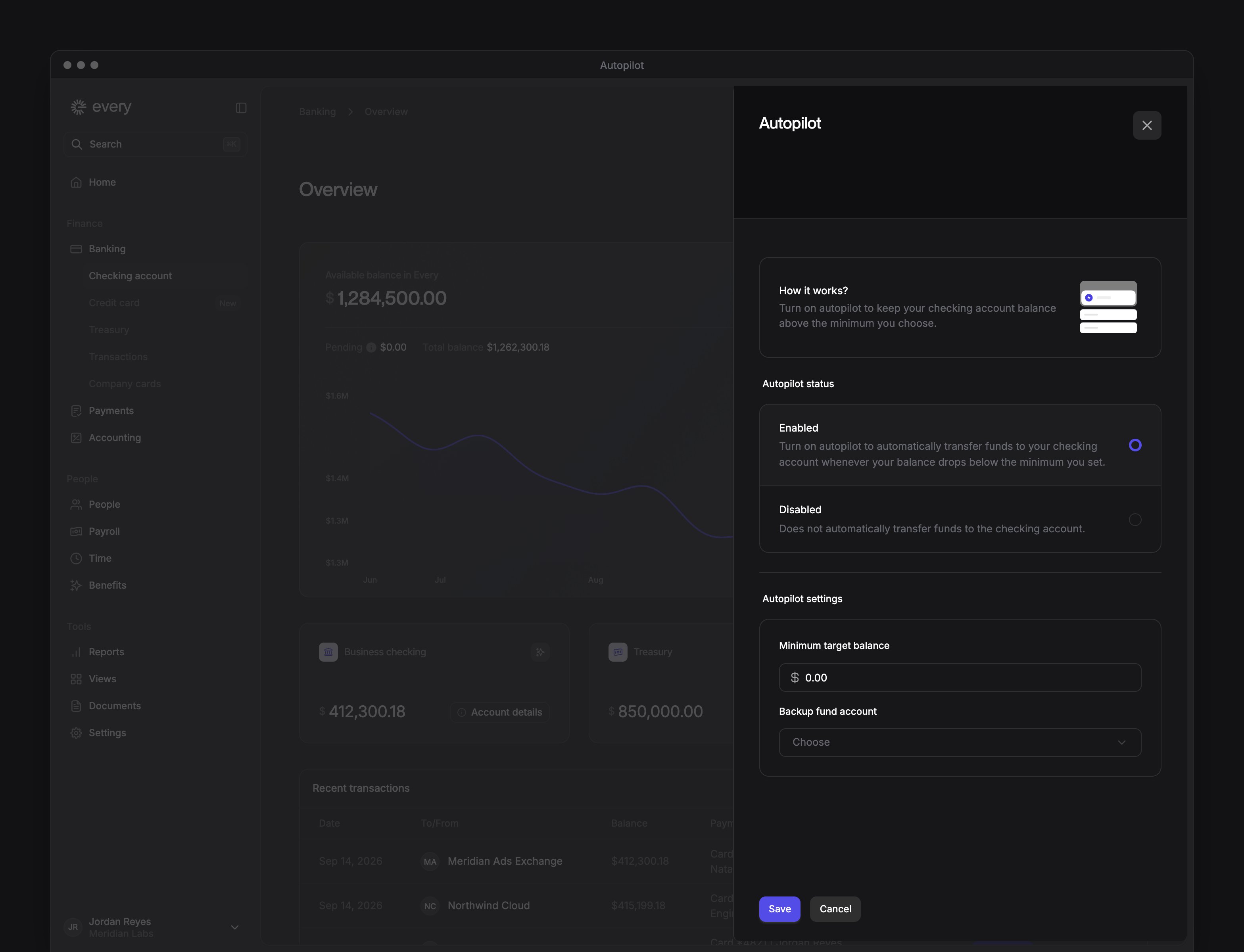 Autopilot settings with Enabled selected, a minimum target balance and a backup fund account.