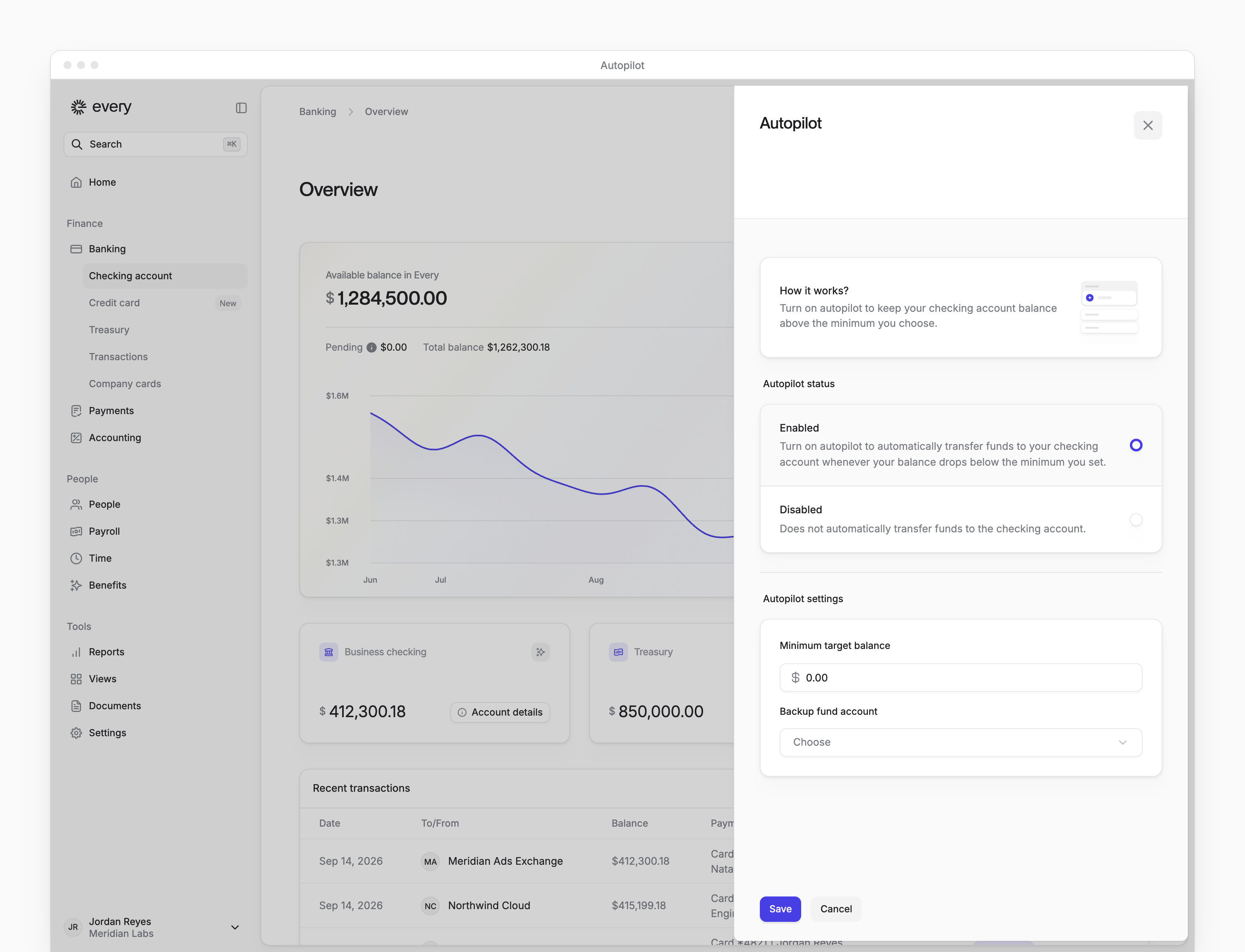 Autopilot settings with Enabled selected, a minimum target balance and a backup fund account.