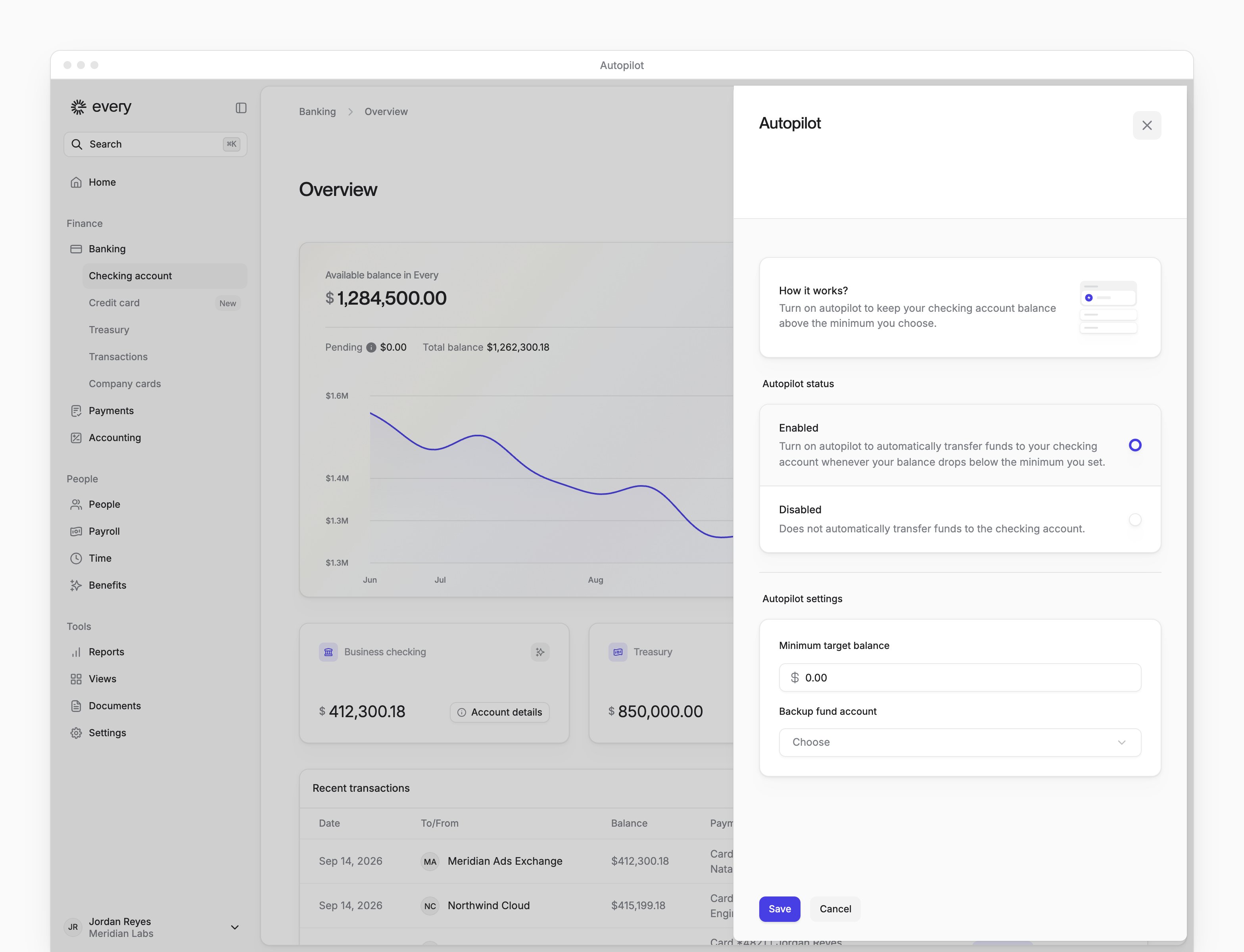 Autopilot settings with Enabled selected, a minimum target balance and a backup fund account.