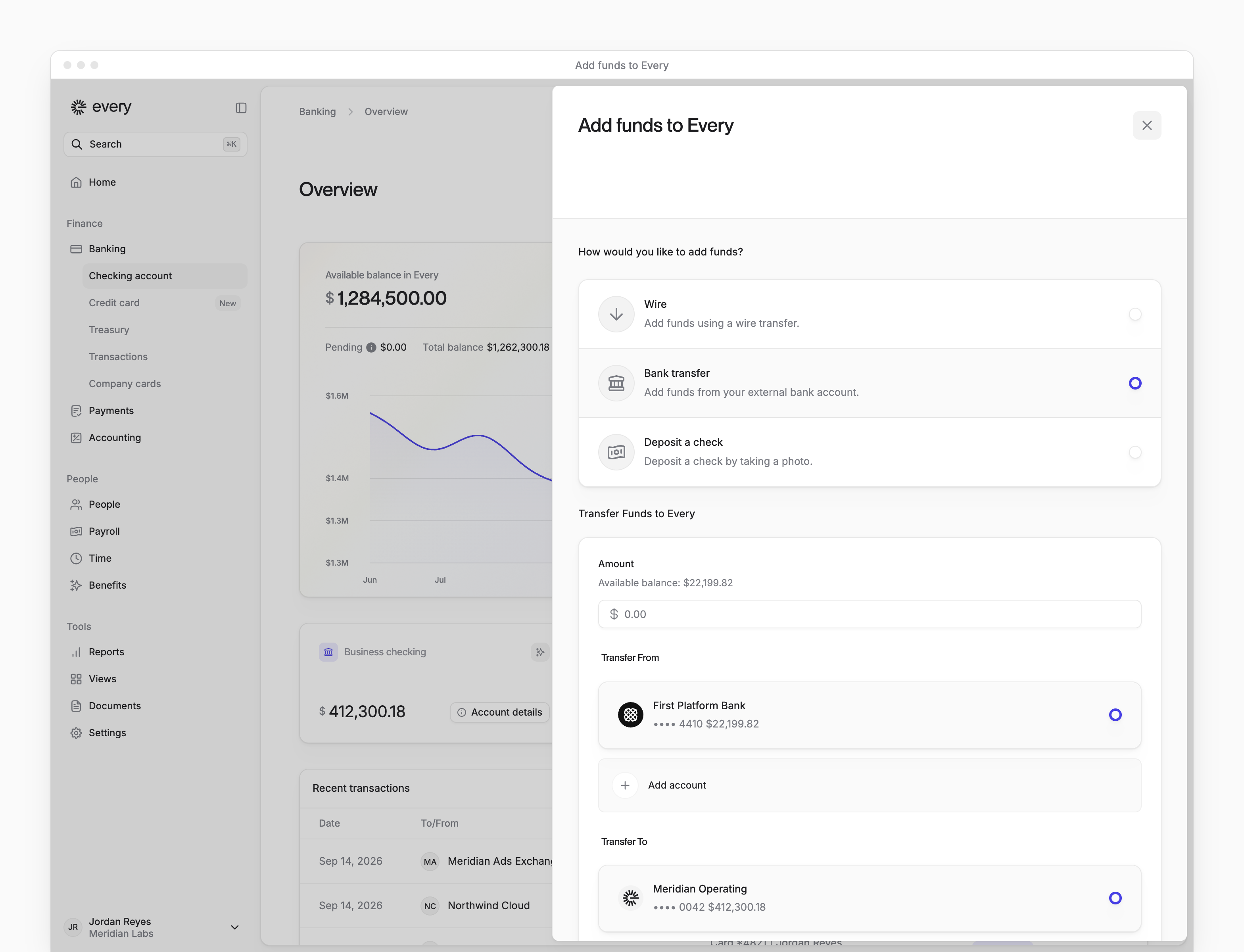 Add funds by bank transfer, with Amount, Transfer From and Transfer To fields.