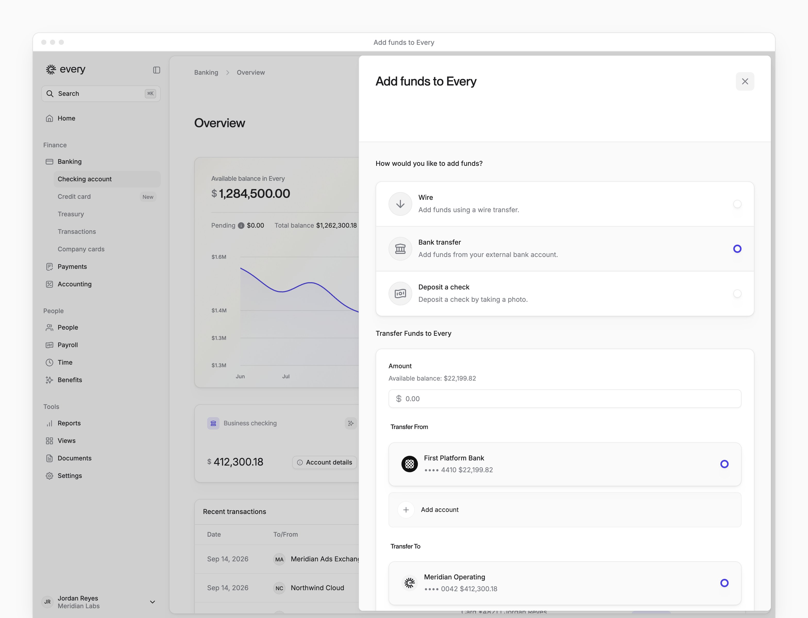 Add funds by bank transfer, with Amount, Transfer From and Transfer To fields.