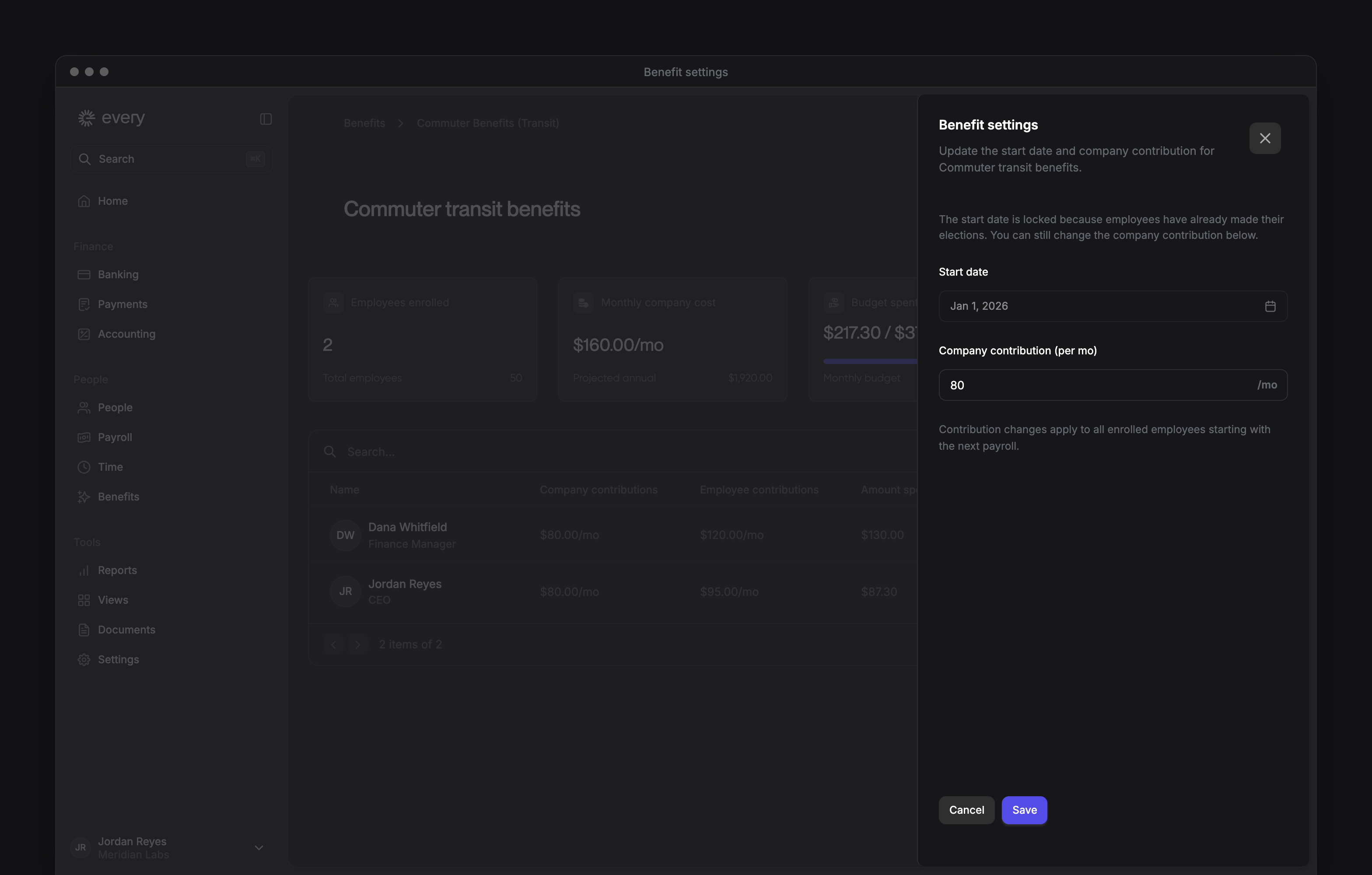 Benefit settings with a locked start date and editable monthly company contribution.