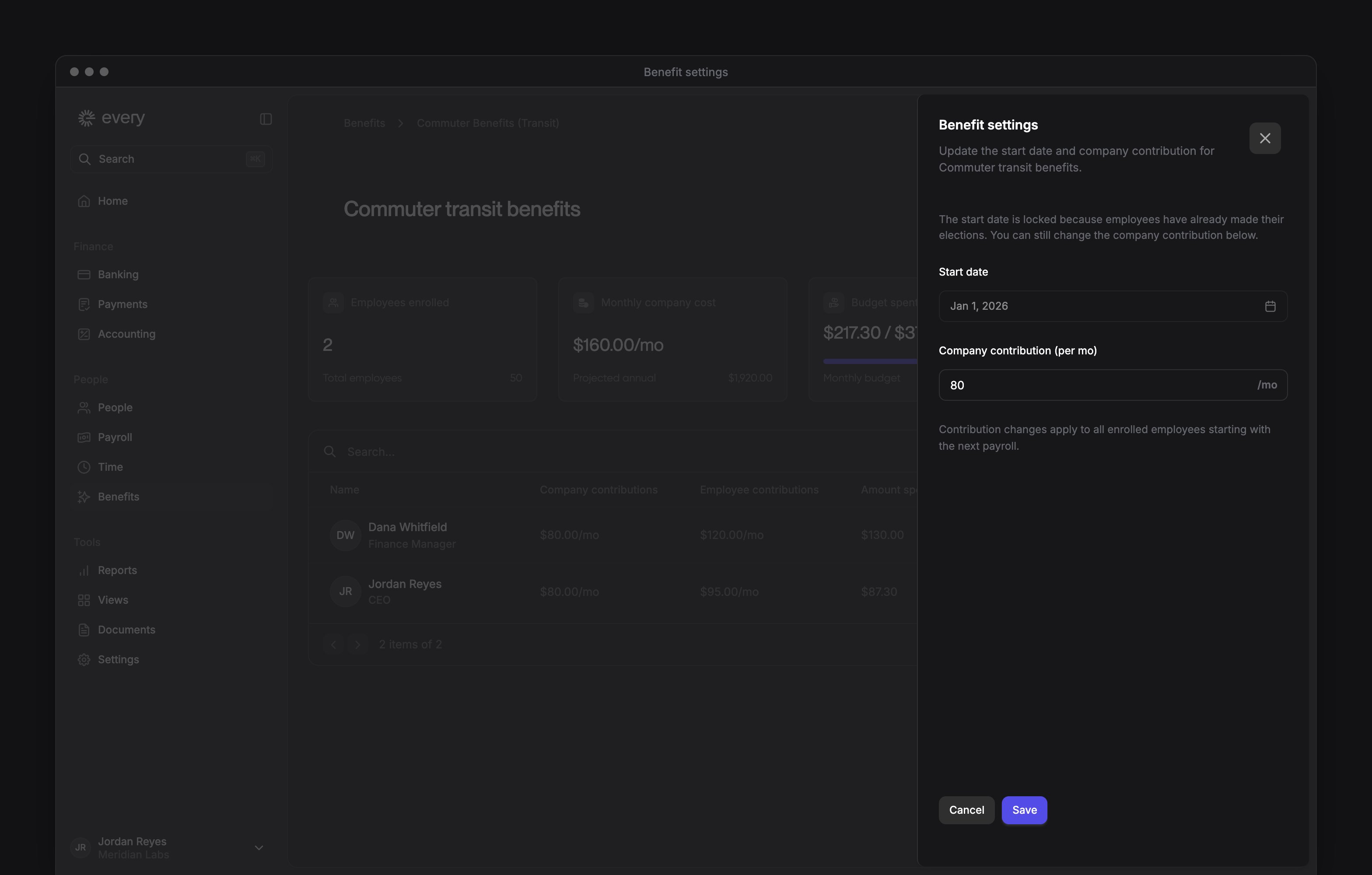 Benefit settings with a locked start date and editable monthly company contribution.