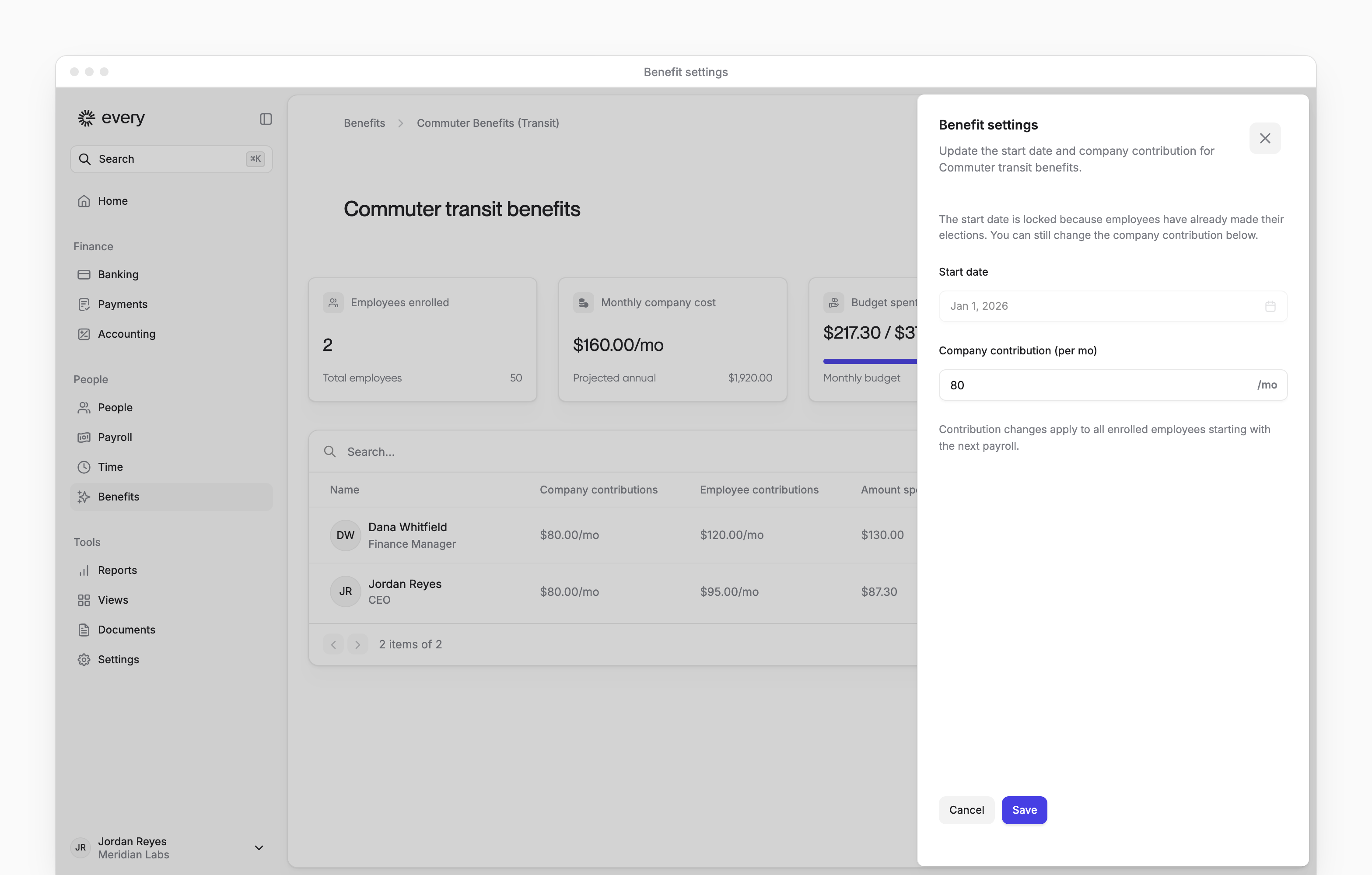 Benefit settings with a locked start date and editable monthly company contribution.