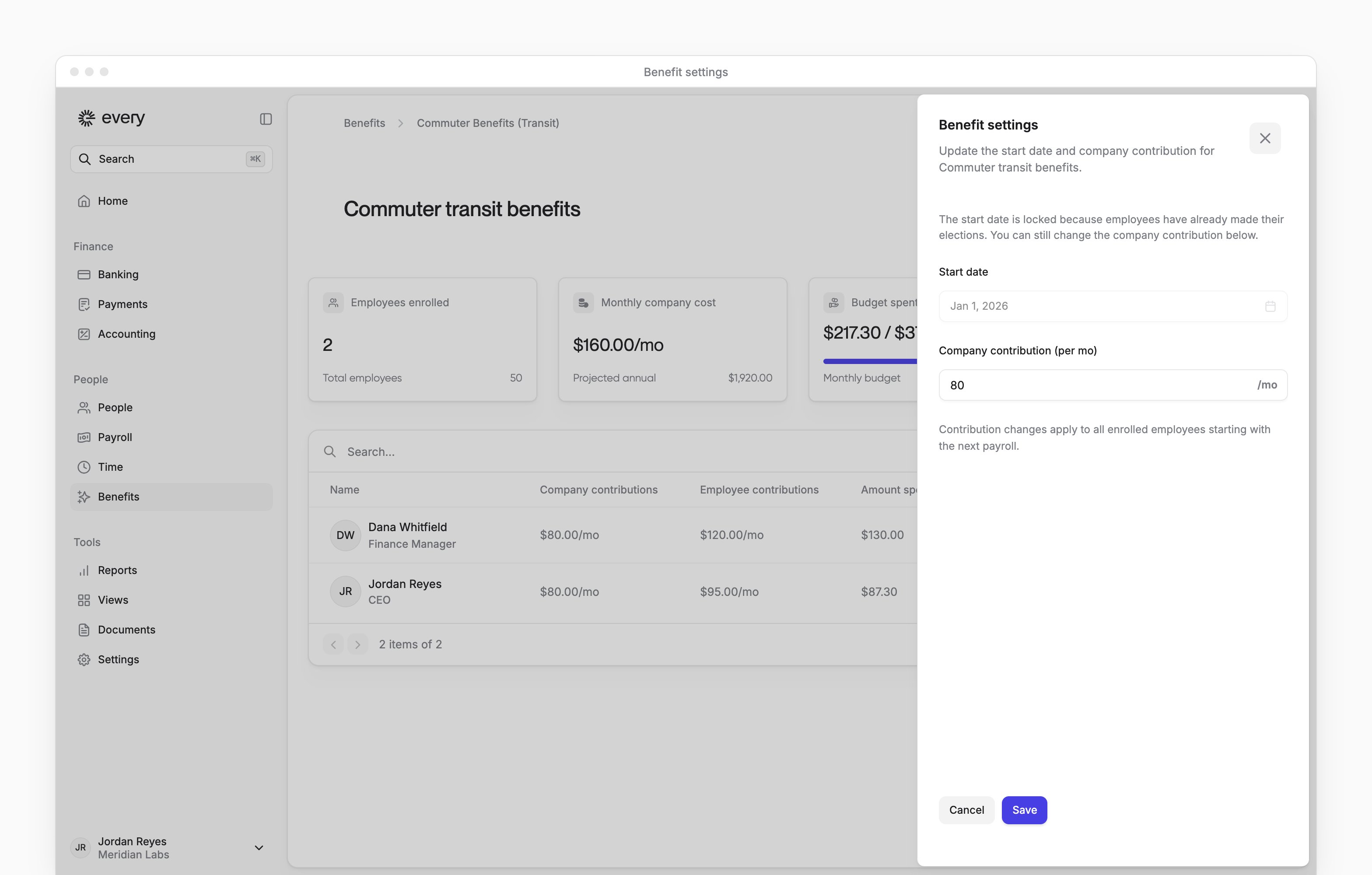 Benefit settings with a locked start date and editable monthly company contribution.