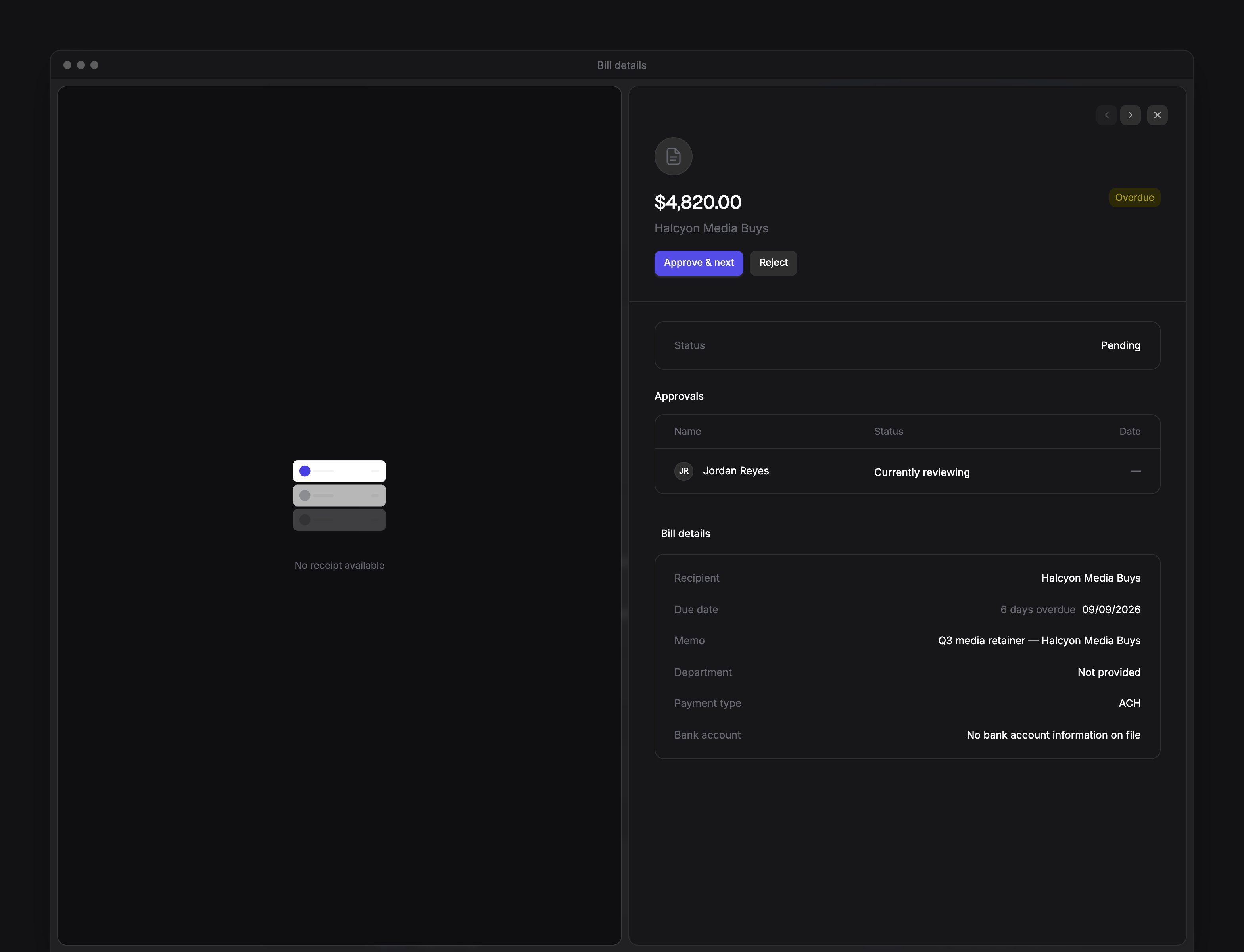 Bill details with the approvers' statuses and the Approve & next and Reject buttons.