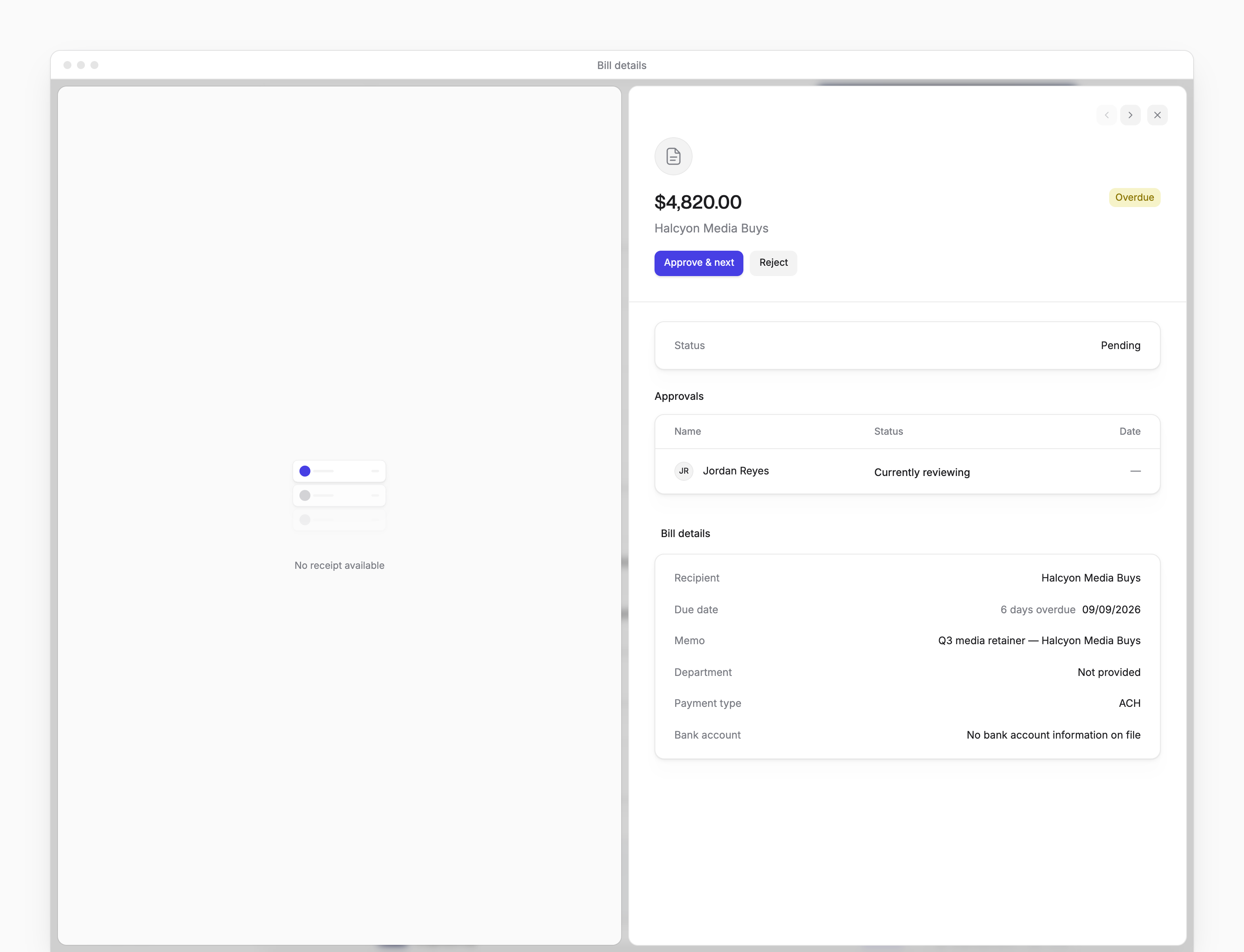 Bill details with the approvers' statuses and the Approve & next and Reject buttons.