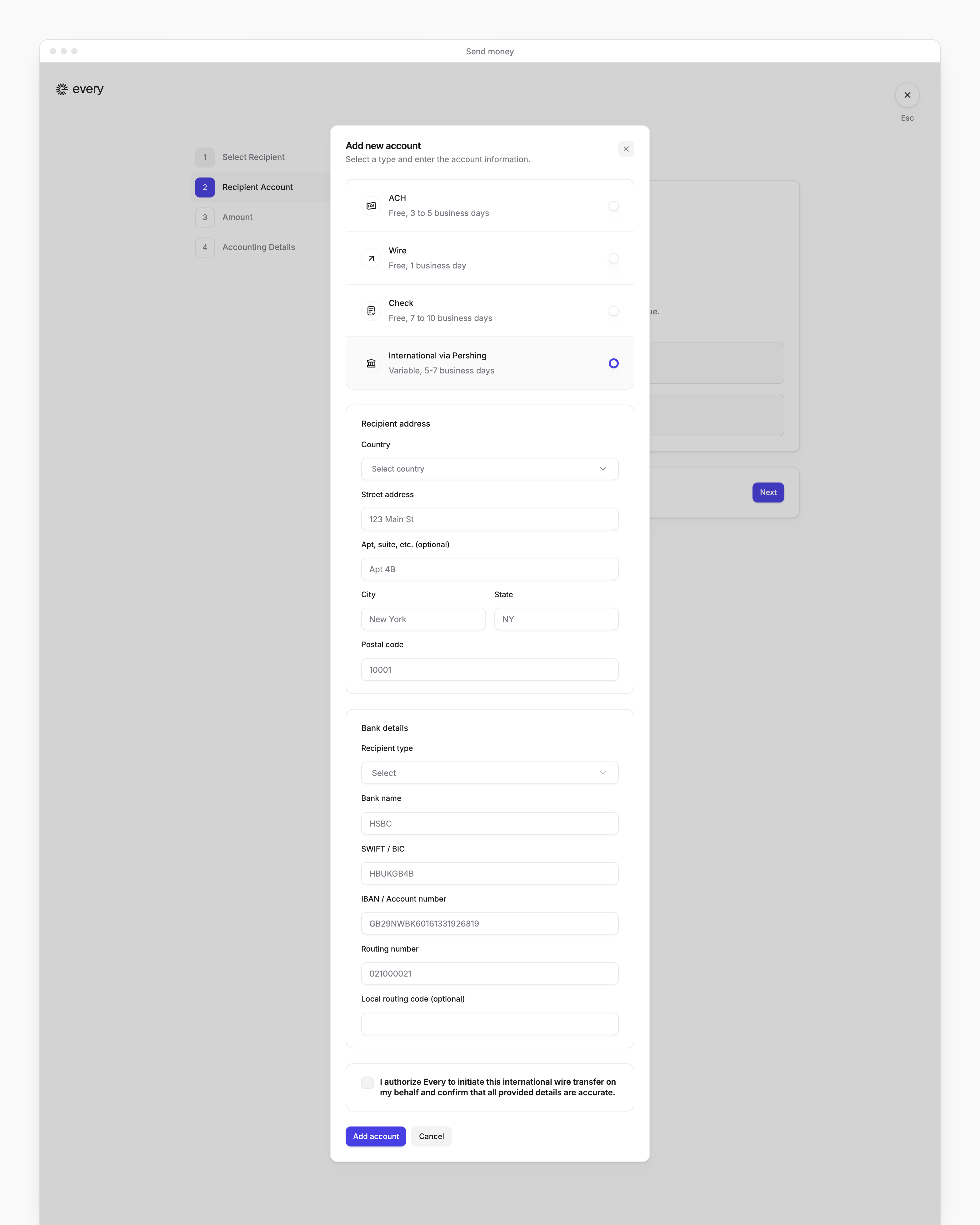 International via Pershing account details, with the recipient's address, bank details and authorization.
