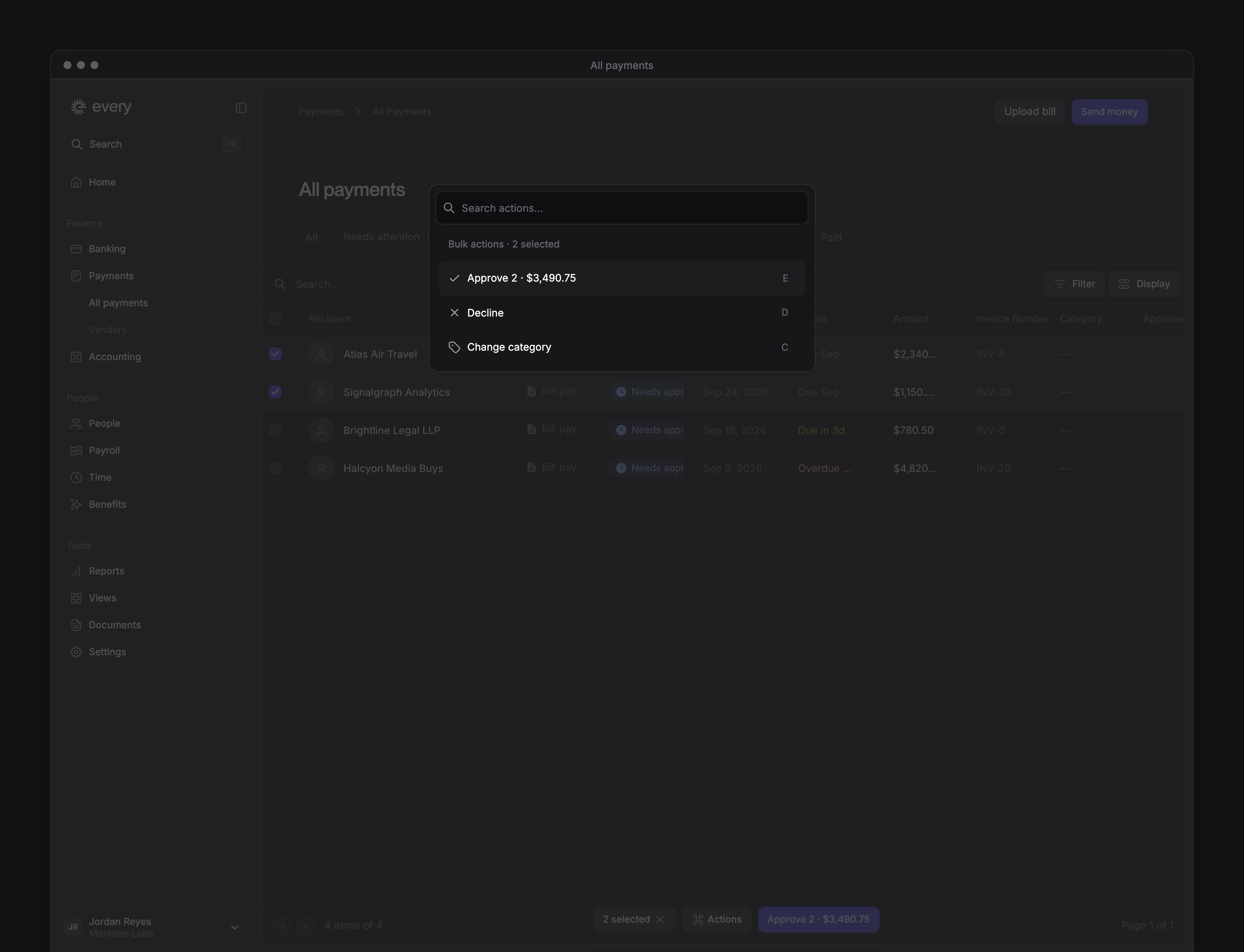 Selected payments with the bulk approval count and total, and the Actions menu.