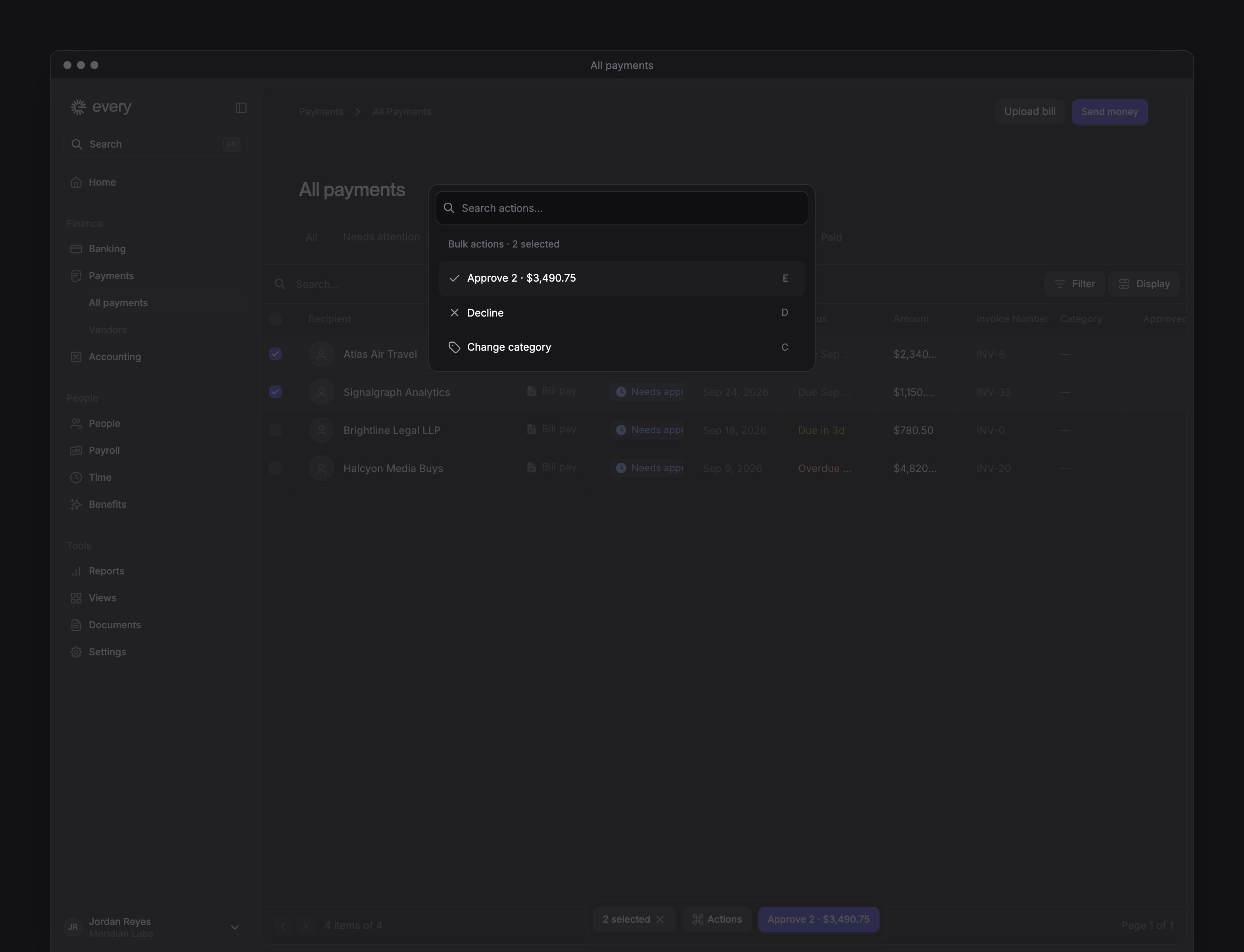 Selected payments with the bulk approval count and total, and the Actions menu.
