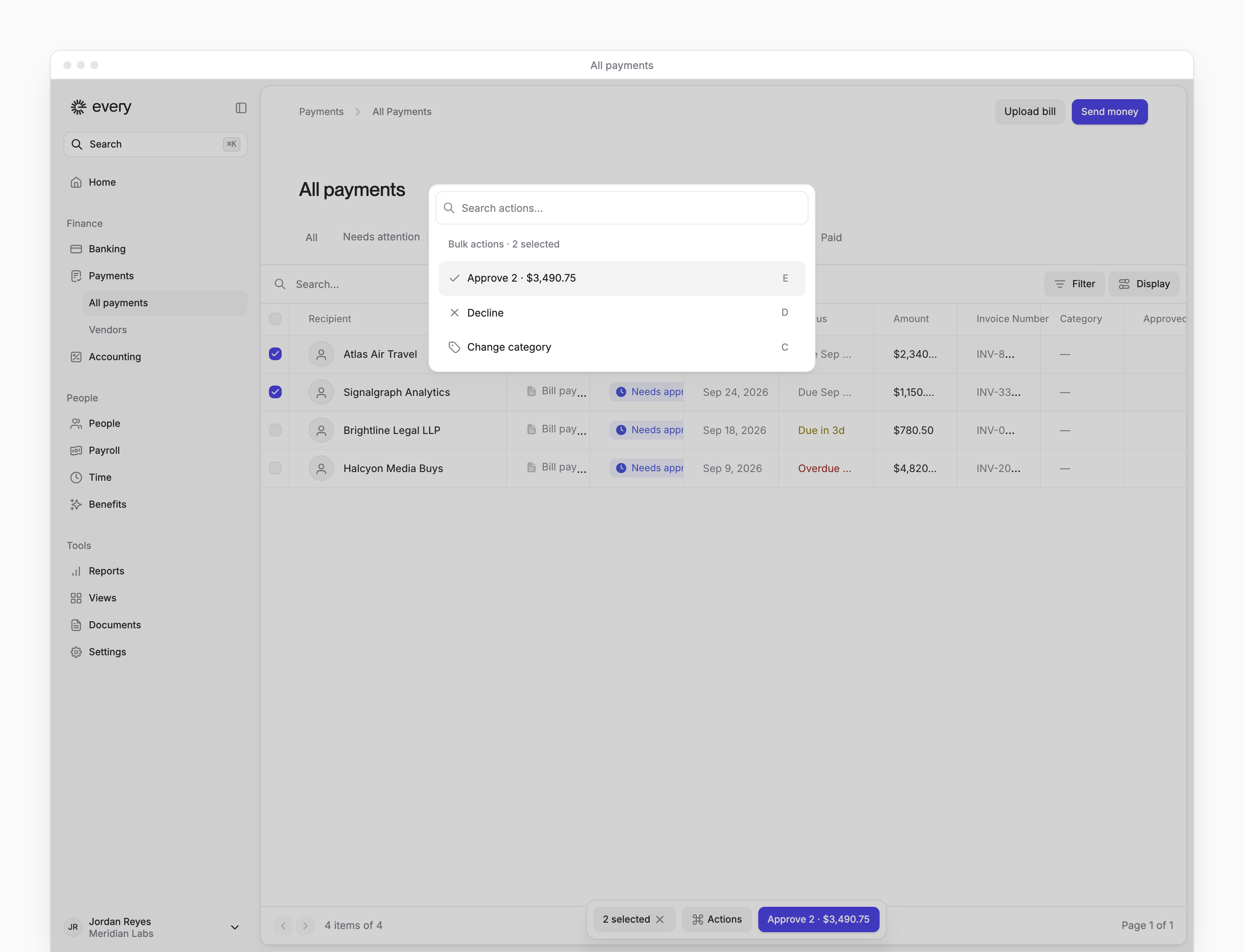Selected payments with the bulk approval count and total, and the Actions menu.