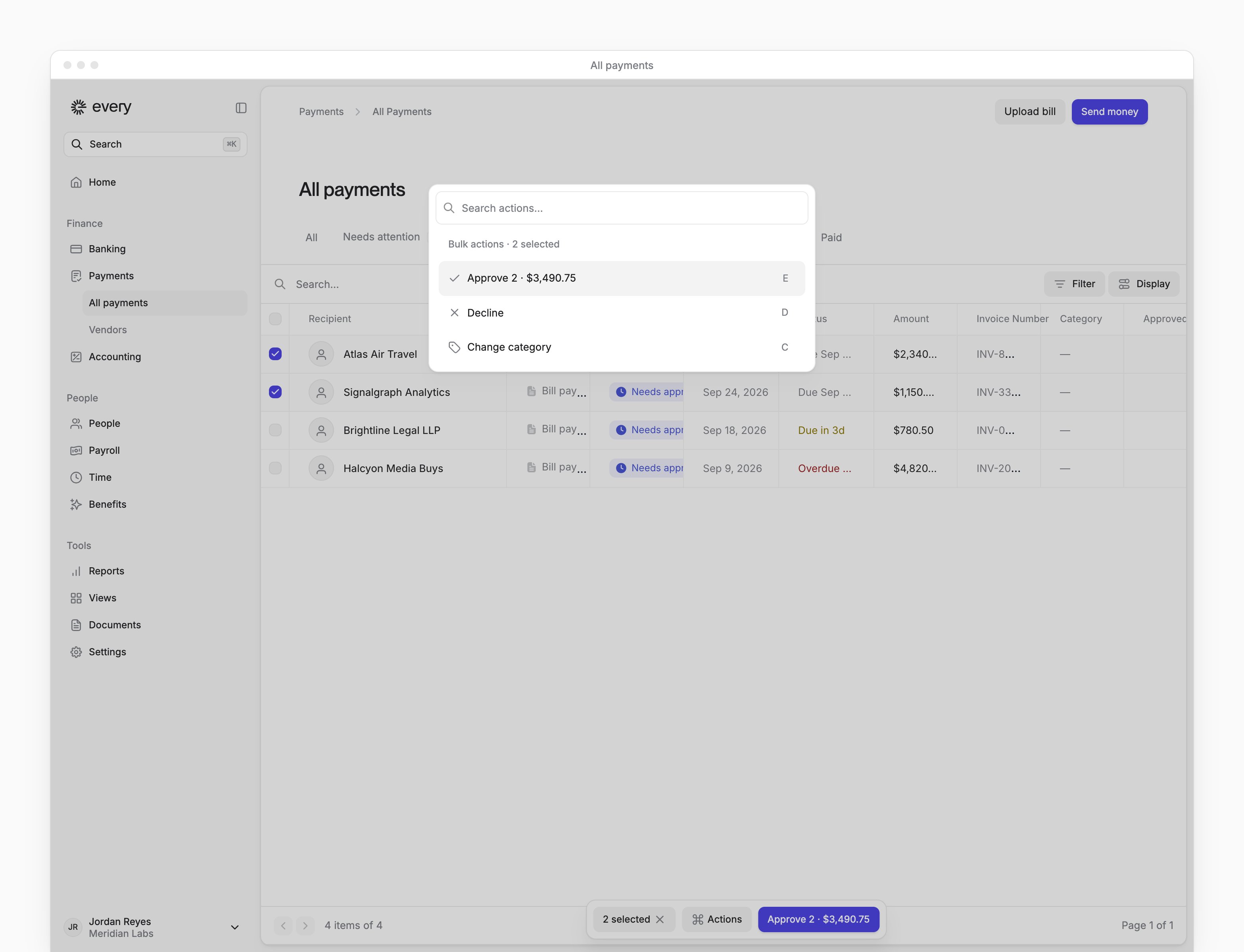 Selected payments with the bulk approval count and total, and the Actions menu.