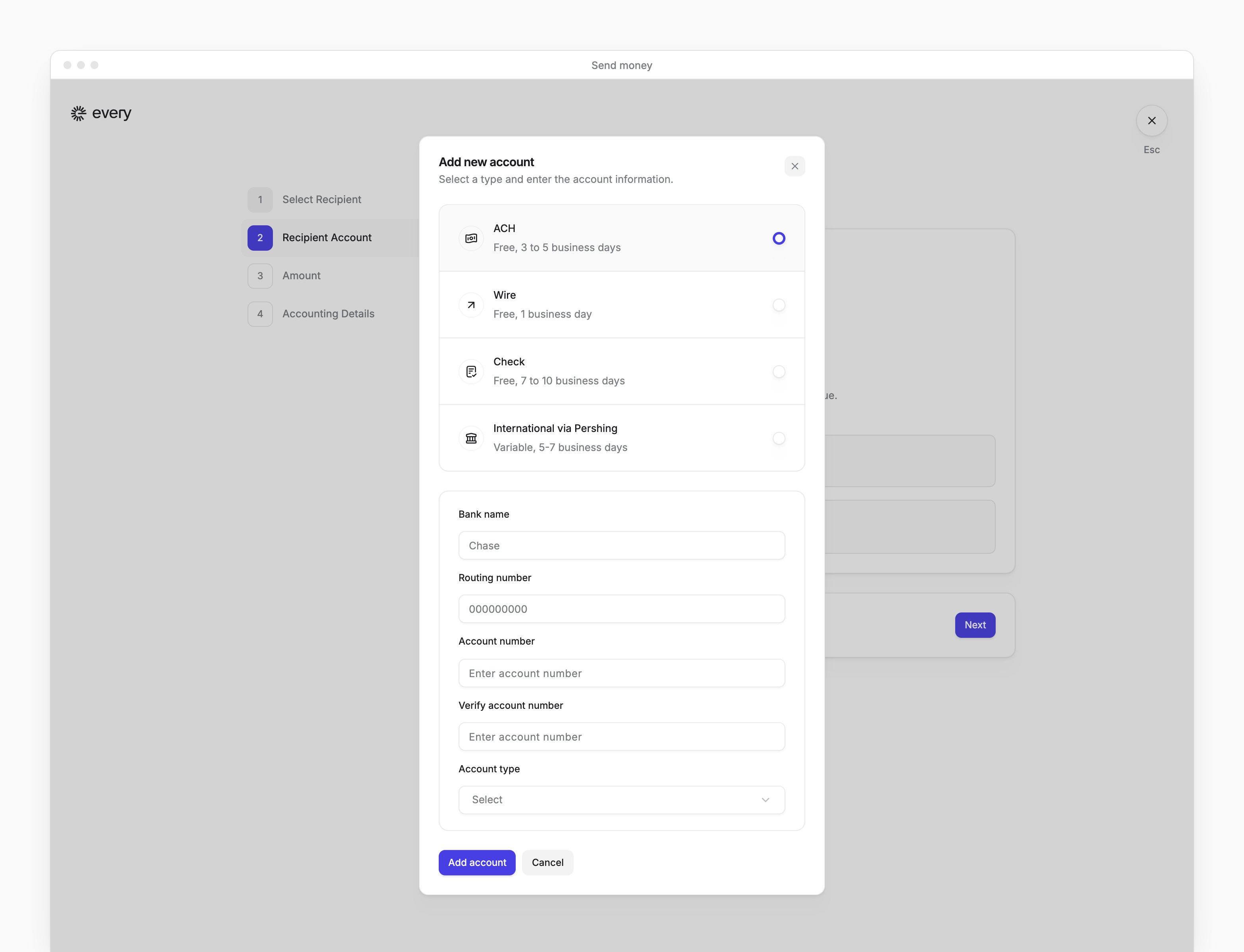 An ACH account form in Send money, with bank name, routing number, account numbers and account type.