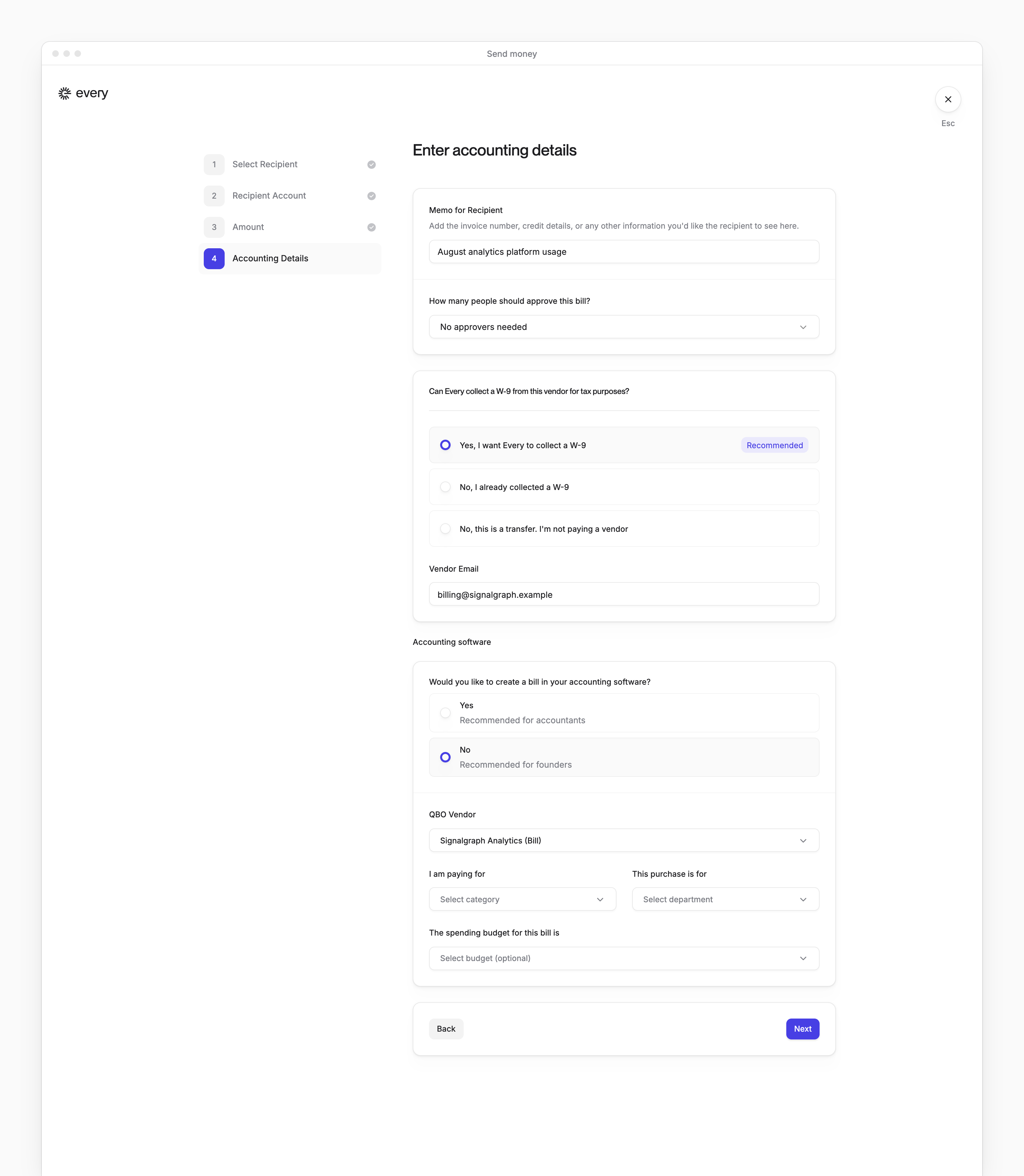 Send money's accounting details with memo, approvers, W-9 and bookkeeping choices.